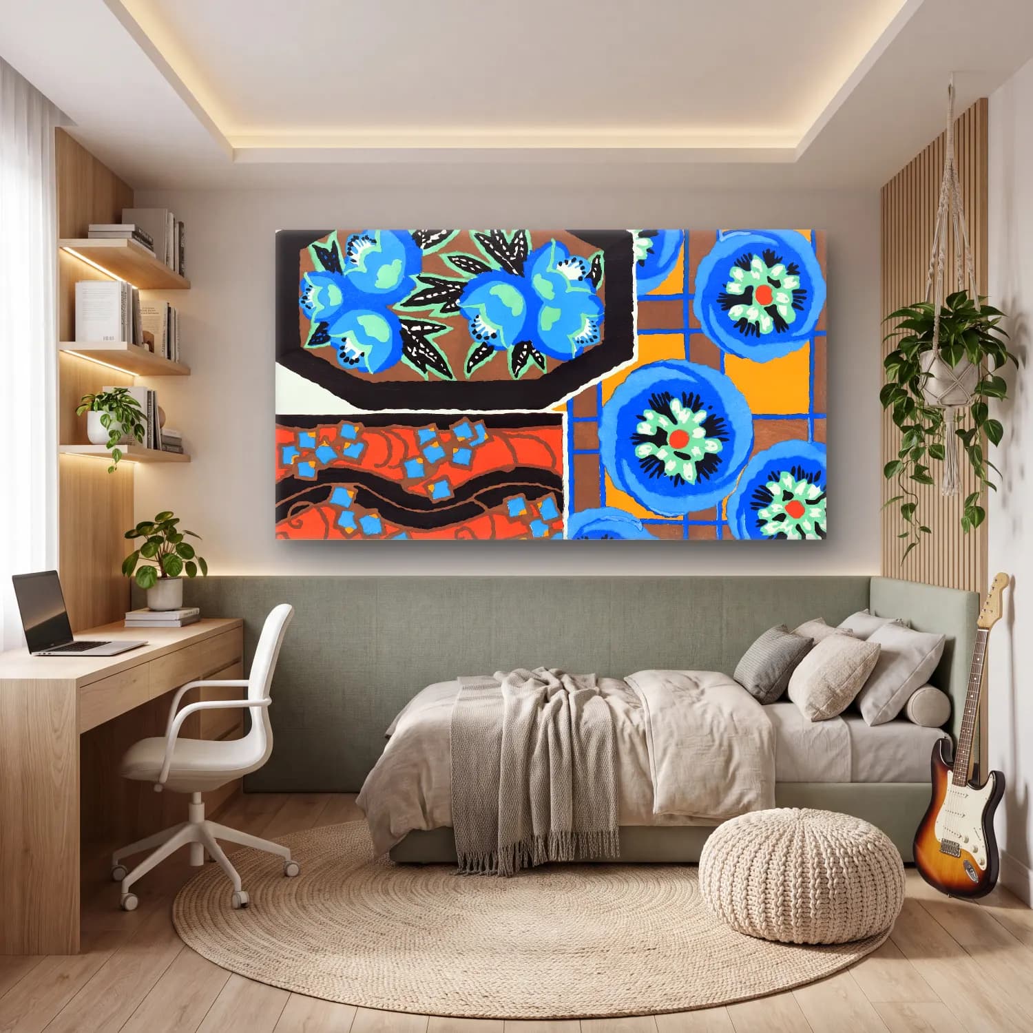 E.A. Séguy – Vintage floral patterns, Art Nouveau flower pochoir stencil… – Mavi Tonlar cam tablo — genç odasında