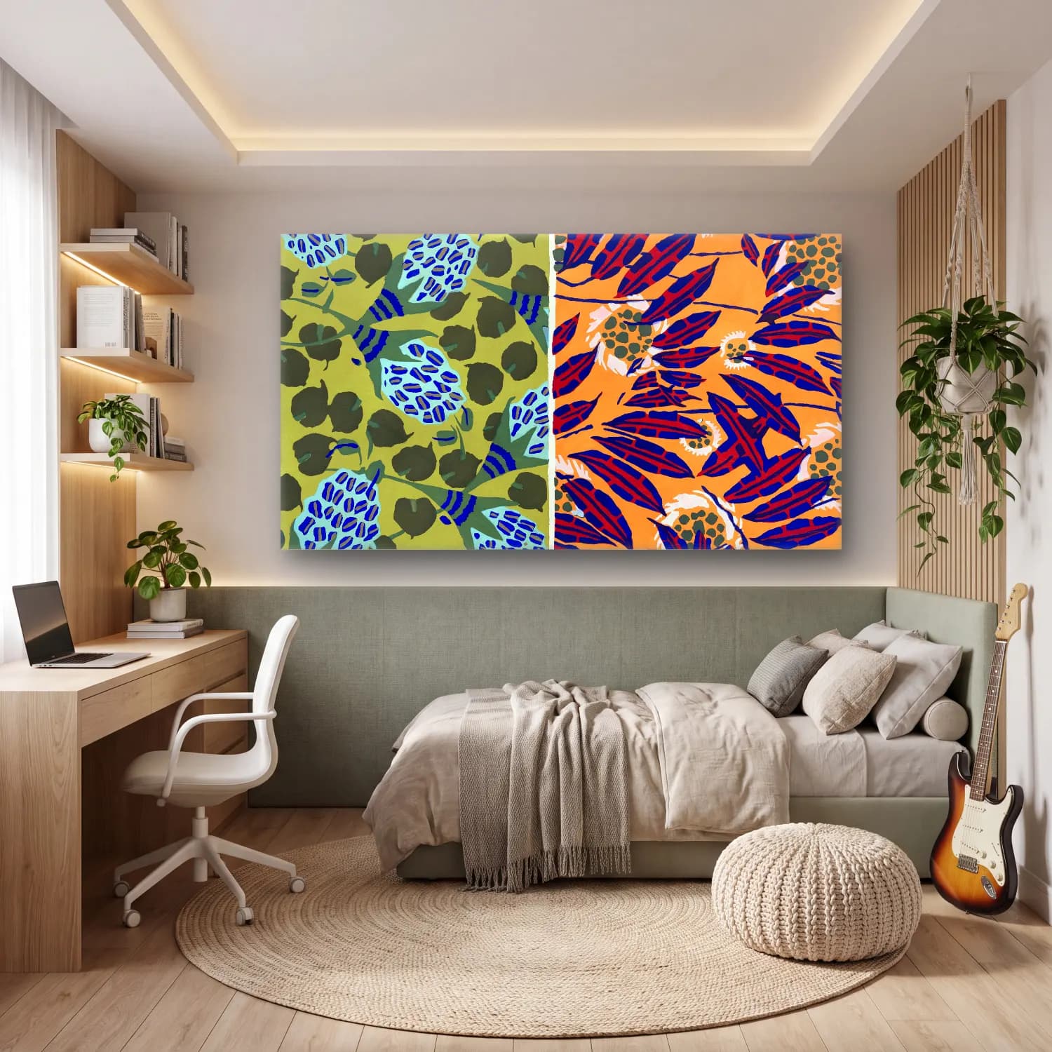 E.A. Séguy – Vintage floral patterns, Art Nouveau flower pochoir stencil… – Yeşil Tonlar cam tablo — genç odasında