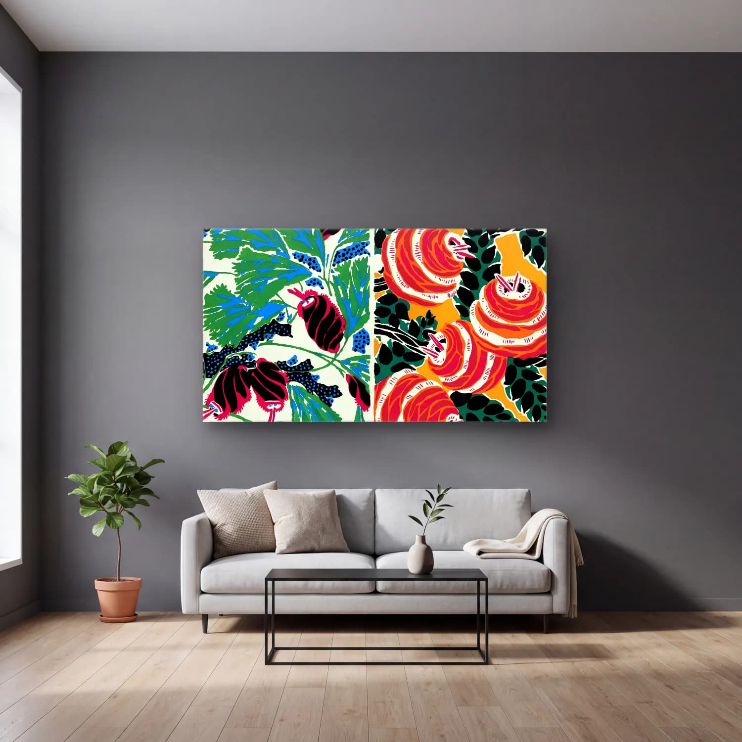 E.A. Séguy – Vintage floral patterns, Art Nouveau flower pochoir stencil… – Turuncu Tonlar cam tablo — gri duvarlı salonda
