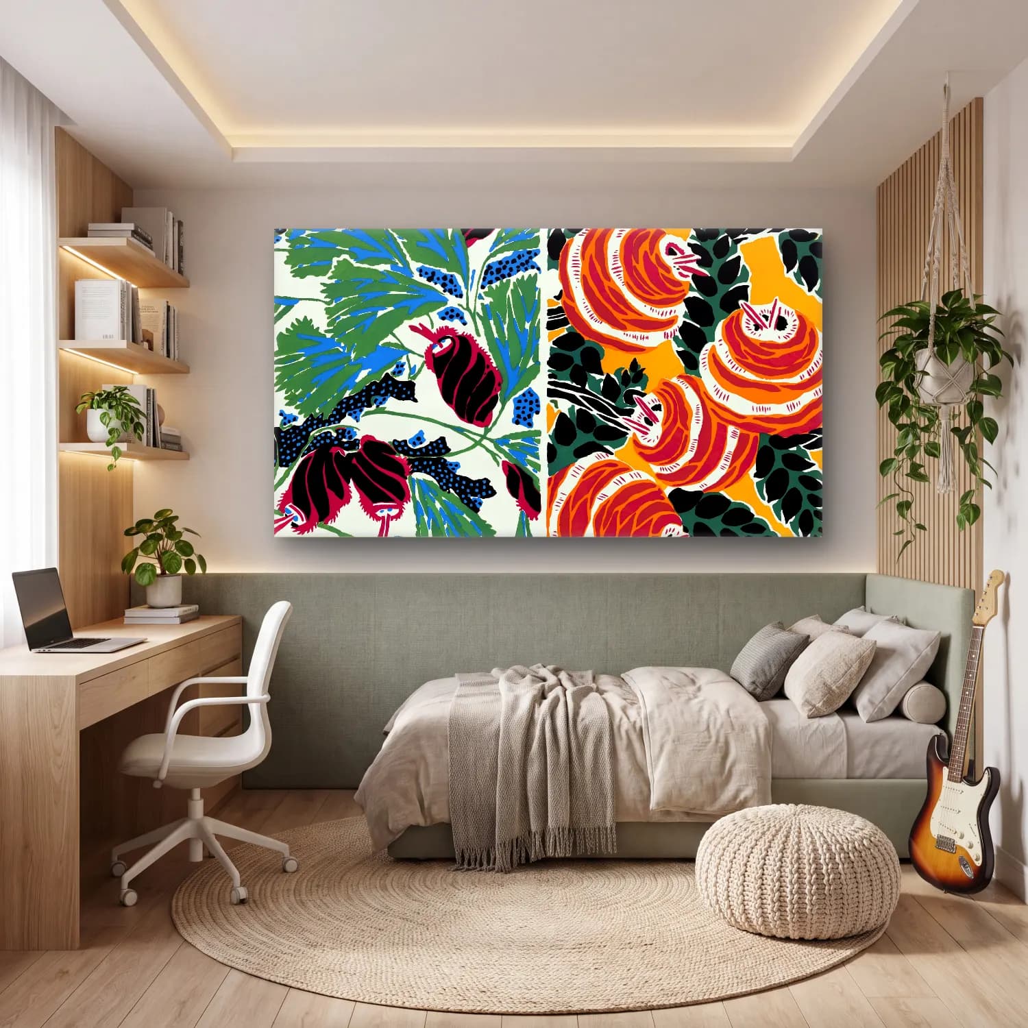 E.A. Séguy – Vintage floral patterns, Art Nouveau flower pochoir stencil… – Turuncu Tonlar cam tablo — genç odasında