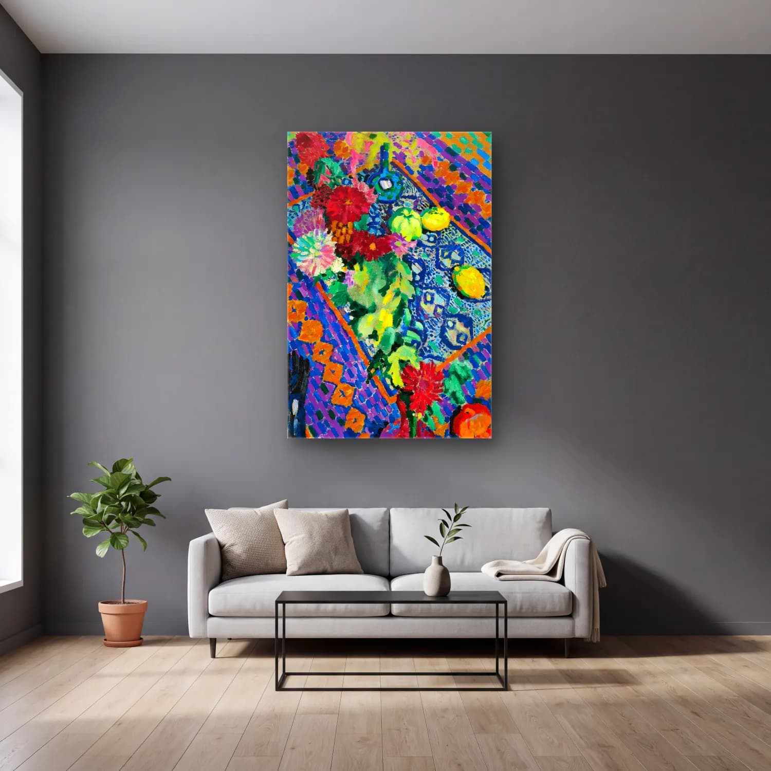 Robert Delaunay – Nature Morte Aux Gants cam tablo — gri duvarlı salonda