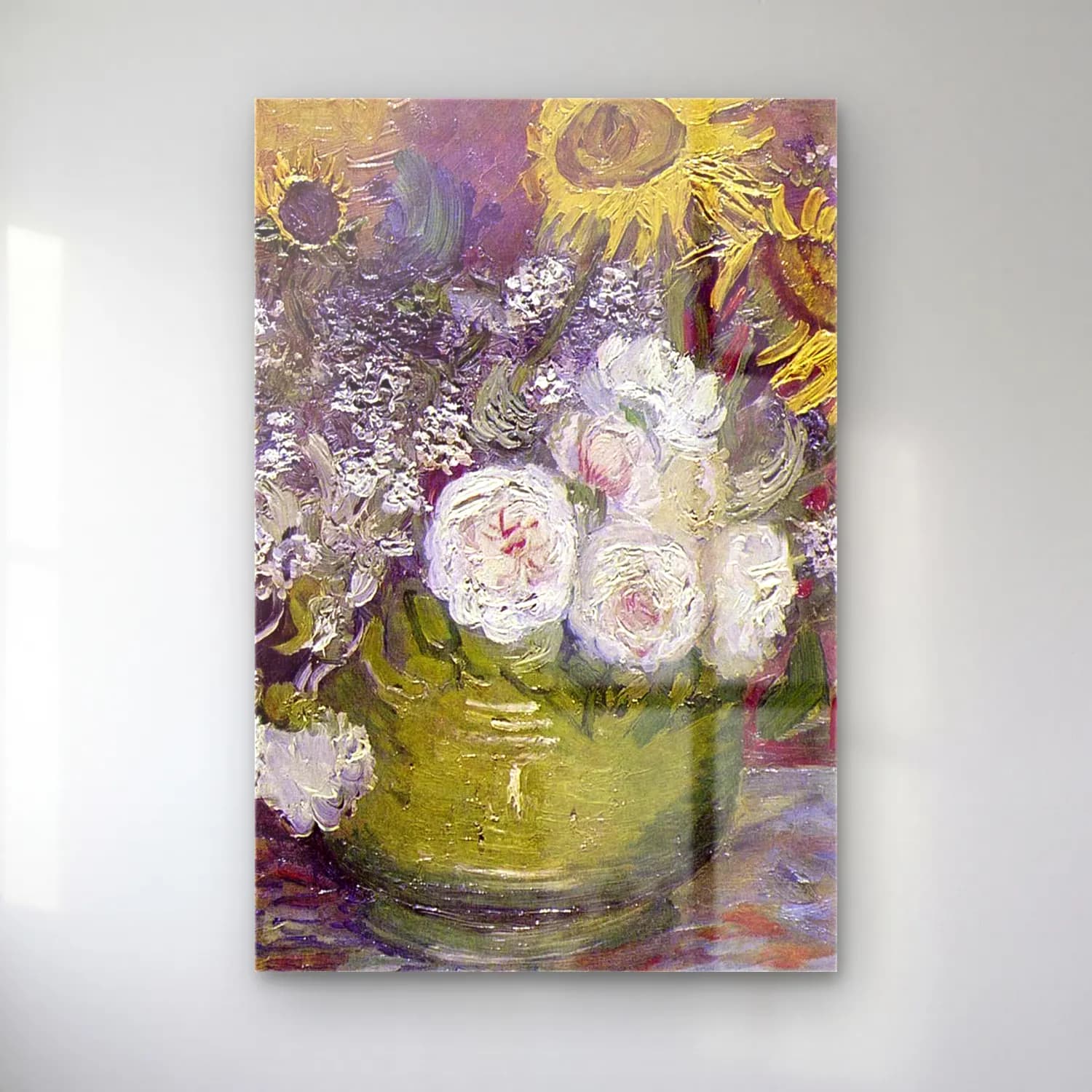 Vincent van Gogh – Bowl With Sunflowers Roses And Other Flowers cam tablo — Vincent van Gogh – Bowl With Sunflowers Roses And Other Flowers — empresyonist vazoda çiçek buketi