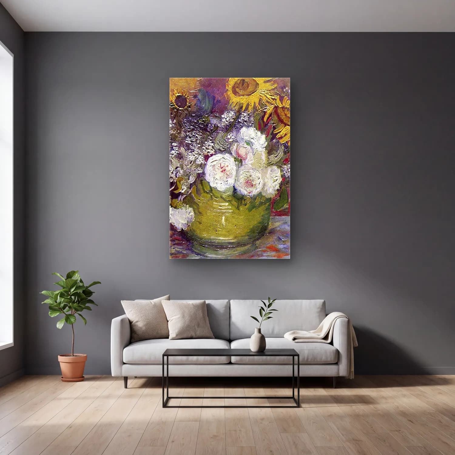 Vincent van Gogh – Bowl With Sunflowers Roses And Other Flowers cam tablo — gri duvarlı salonda