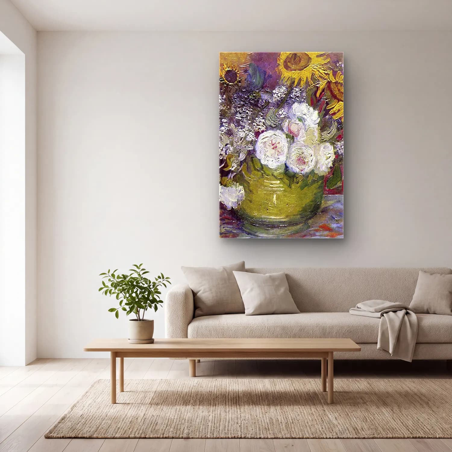 Vincent van Gogh – Bowl With Sunflowers Roses And Other Flowers cam tablo — açık renk salonda