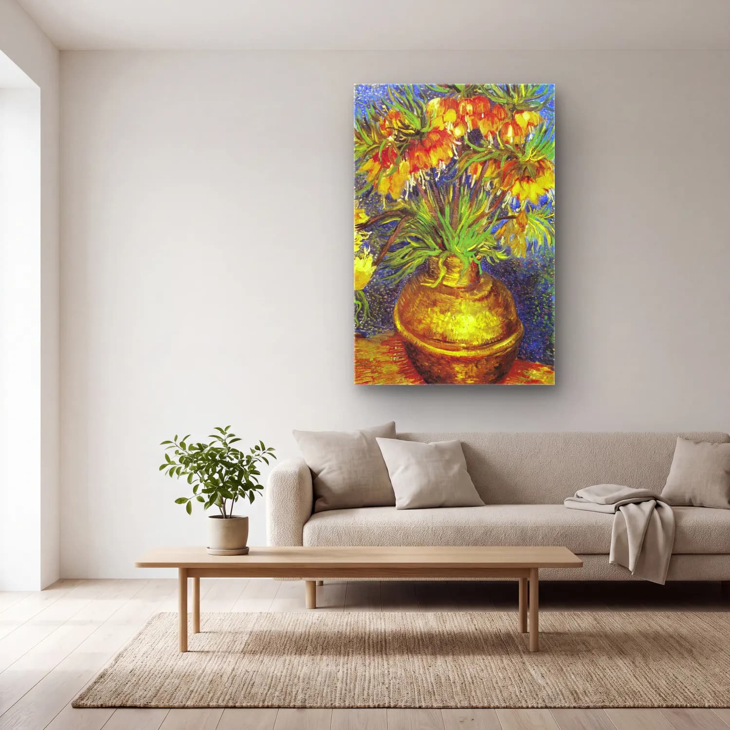 Vincent van Gogh – Imperial Fritillaries in a Copper Vase cam tablo — açık renk salonda