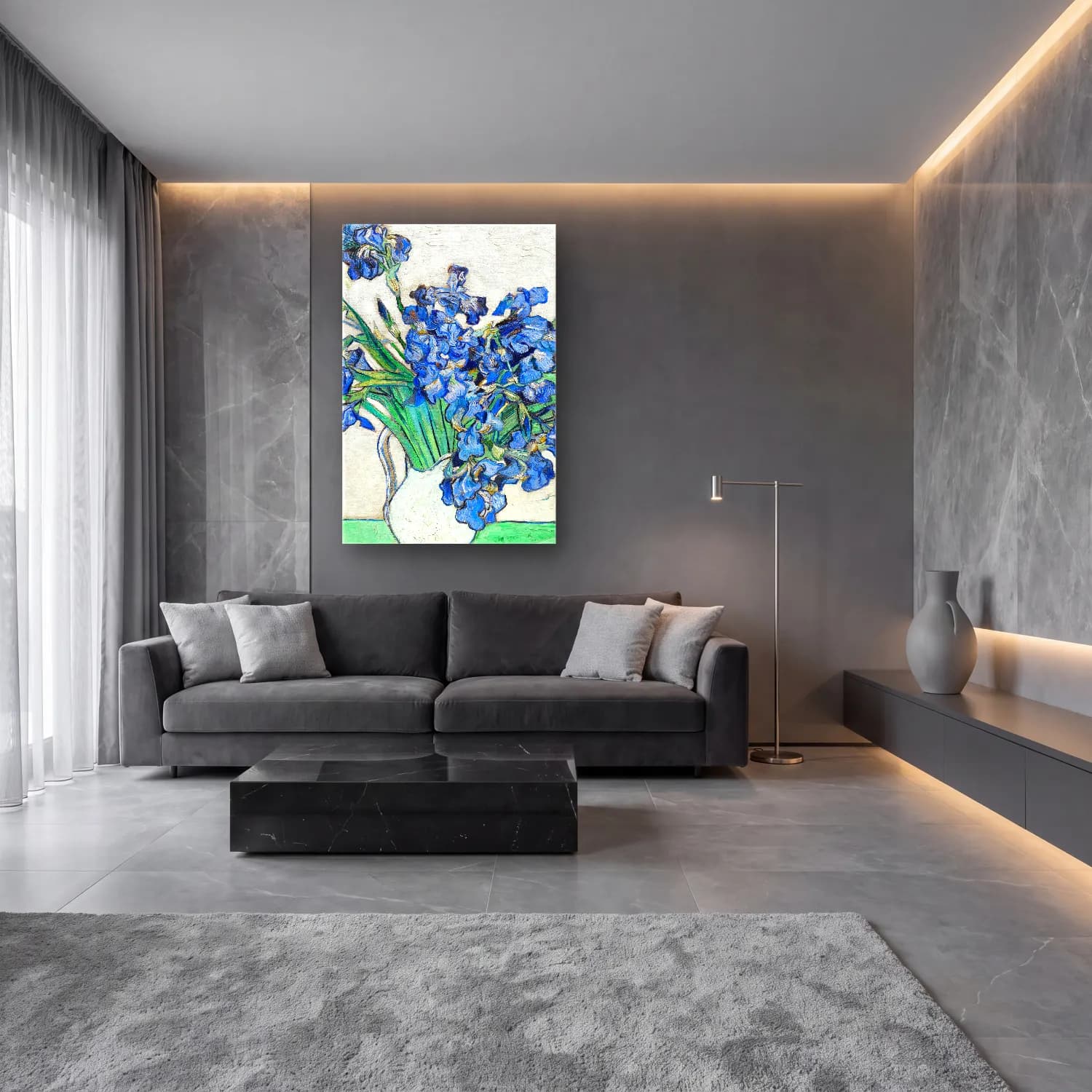 Vincent van Gogh – Irises – Mavi Tonlar cam tablo — lüks salon duvarında