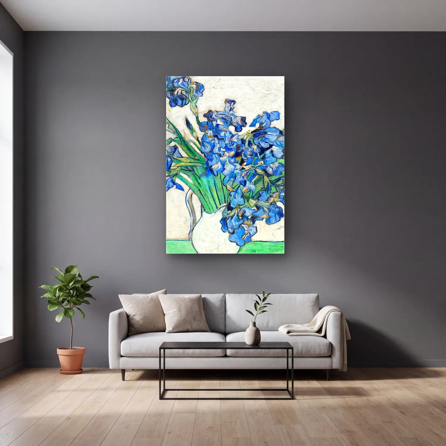 Vincent van Gogh – Irises – Mavi Tonlar cam tablo — gri duvarlı salonda