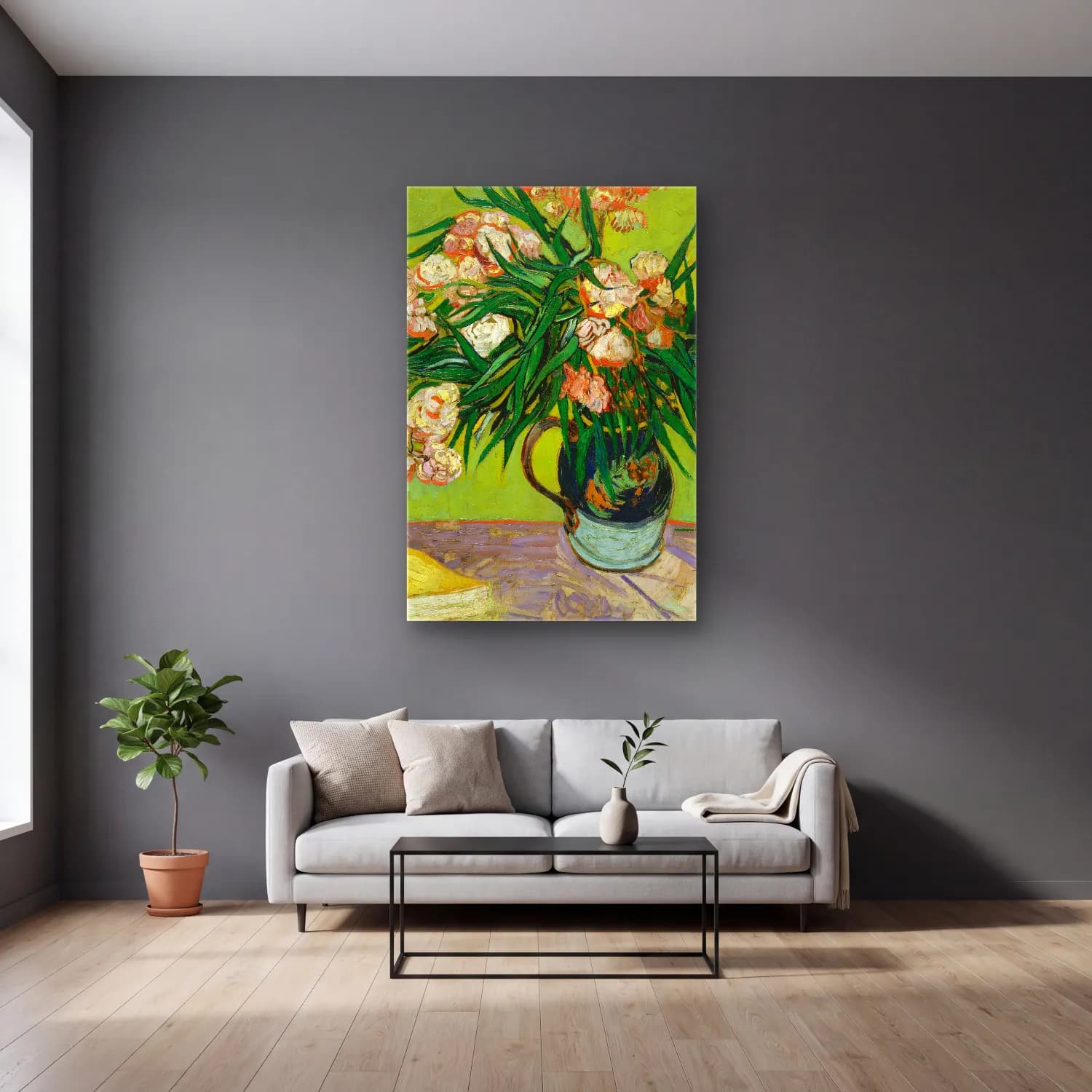 Vincent van Gogh – Oleanders cam tablo — gri duvarlı salonda