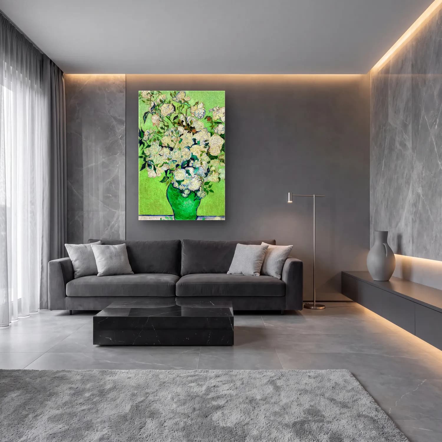 Vincent van Gogh – Roses cam tablo — lüks salon duvarında