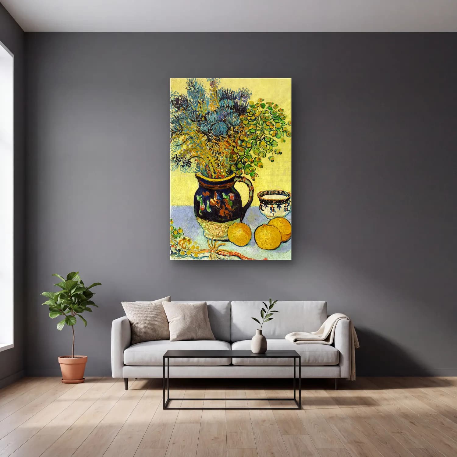 Vincent van Gogh – Still Life (Nature morte) cam tablo — gri duvarlı salonda