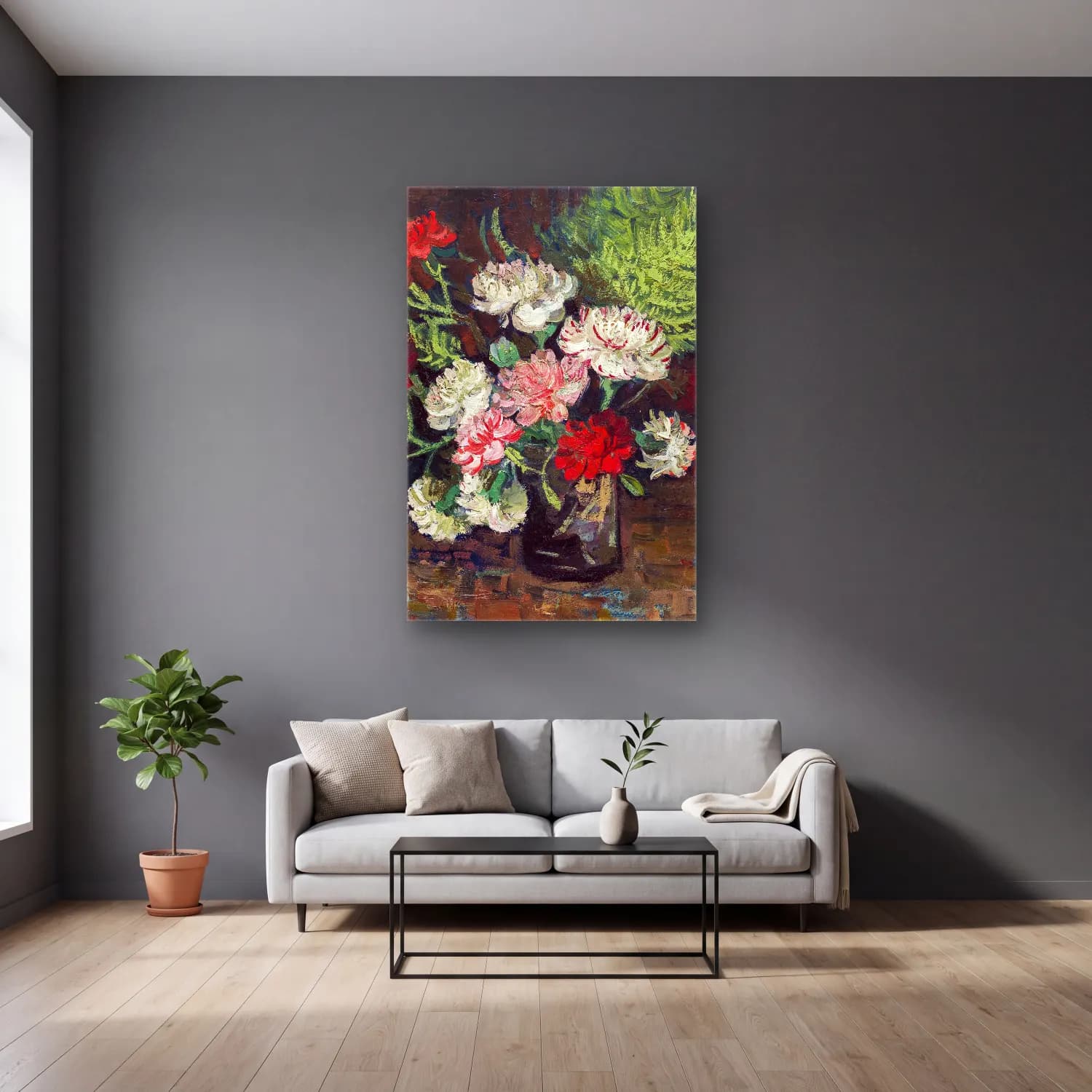Vincent van Gogh – Vase with Carnations cam tablo — gri duvarlı salonda