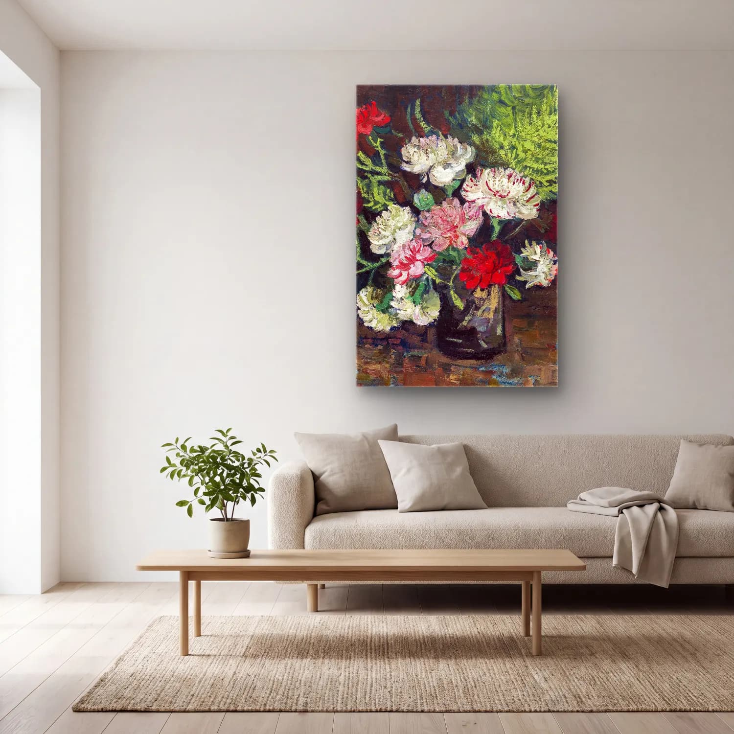 Vincent van Gogh – Vase with Carnations cam tablo — açık renk salonda