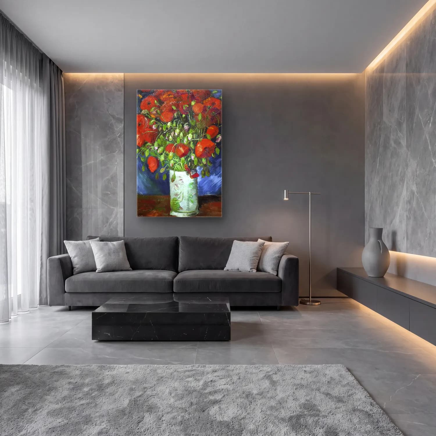 Vincent van Gogh – Vase with Poppies cam tablo — lüks salon duvarında