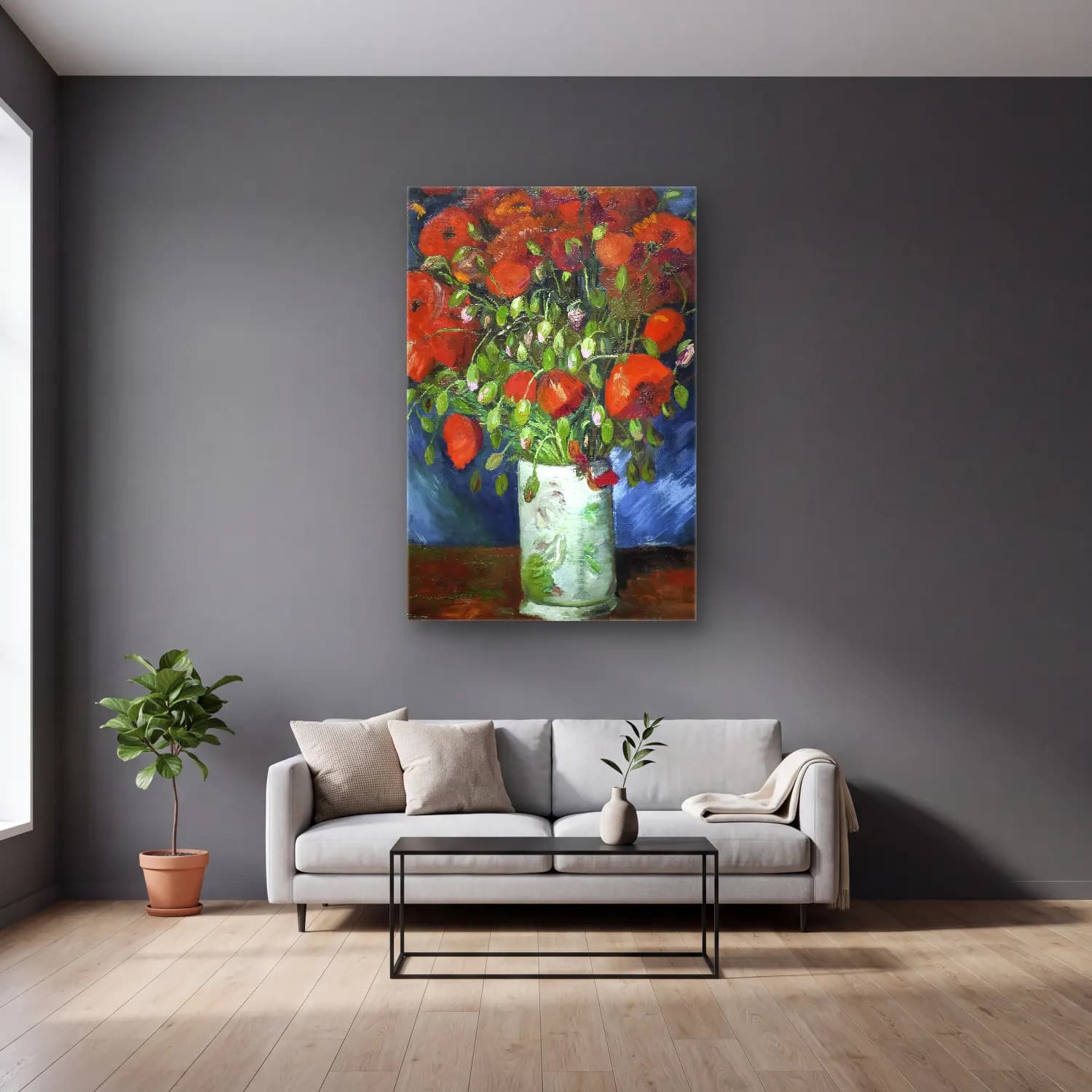 Vincent van Gogh – Vase with Poppies cam tablo — gri duvarlı salonda