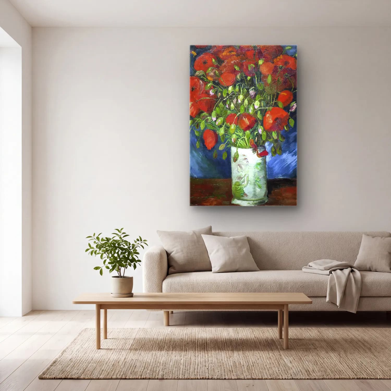 Vincent van Gogh – Vase with Poppies cam tablo — açık renk salonda