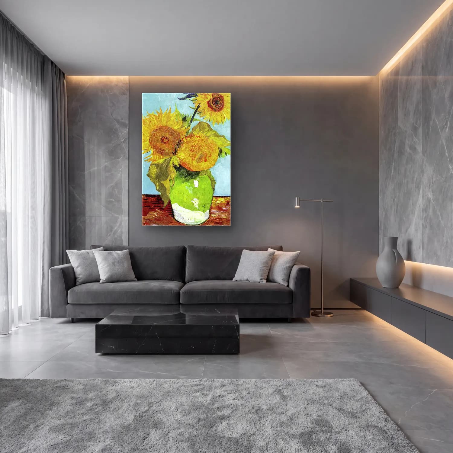 Vincent van Gogh – Vase with Three Sunflowers cam tablo — lüks salon duvarında
