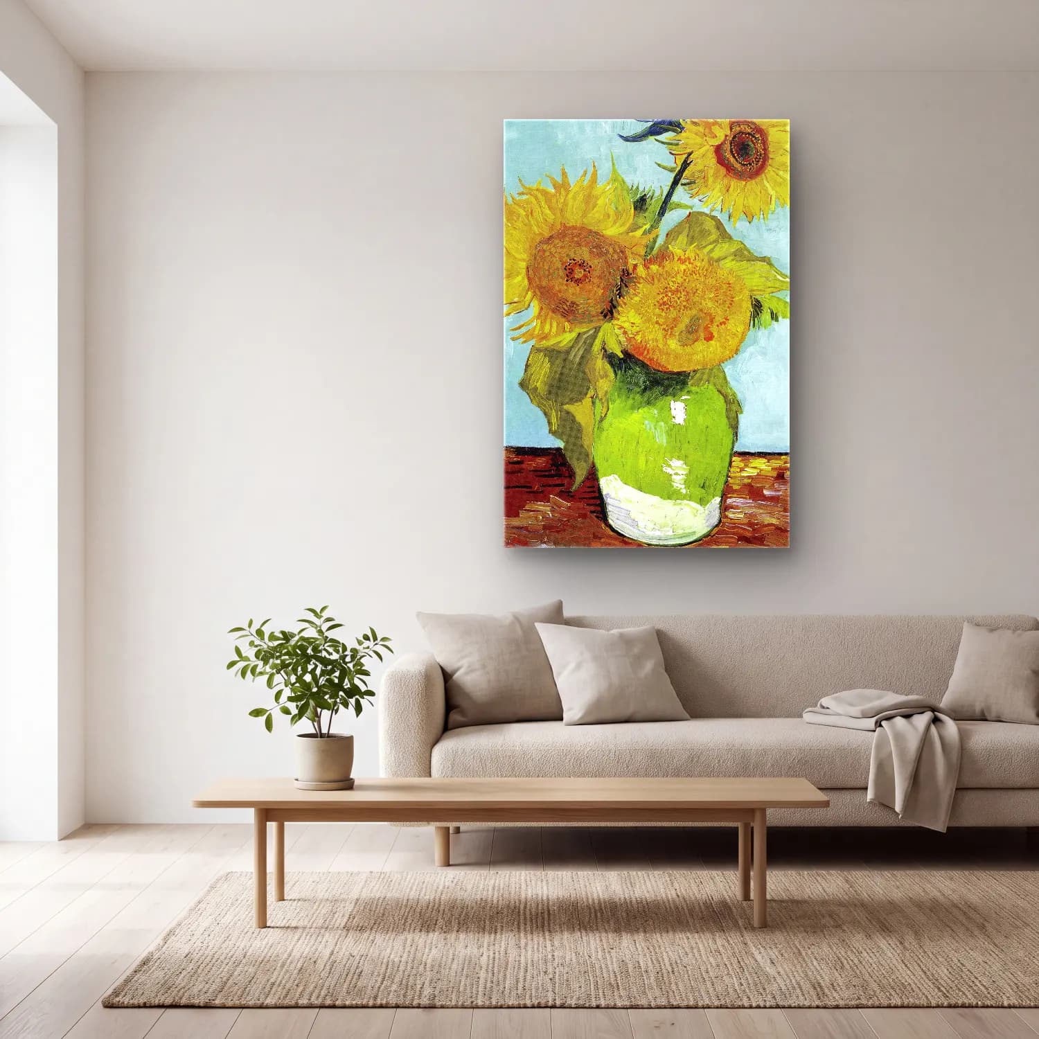 Vincent van Gogh – Vase with Three Sunflowers cam tablo — açık renk salonda