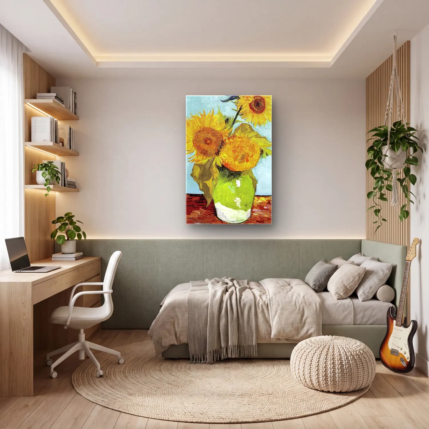 Vincent van Gogh – Vase with Three Sunflowers cam tablo — genç odasında