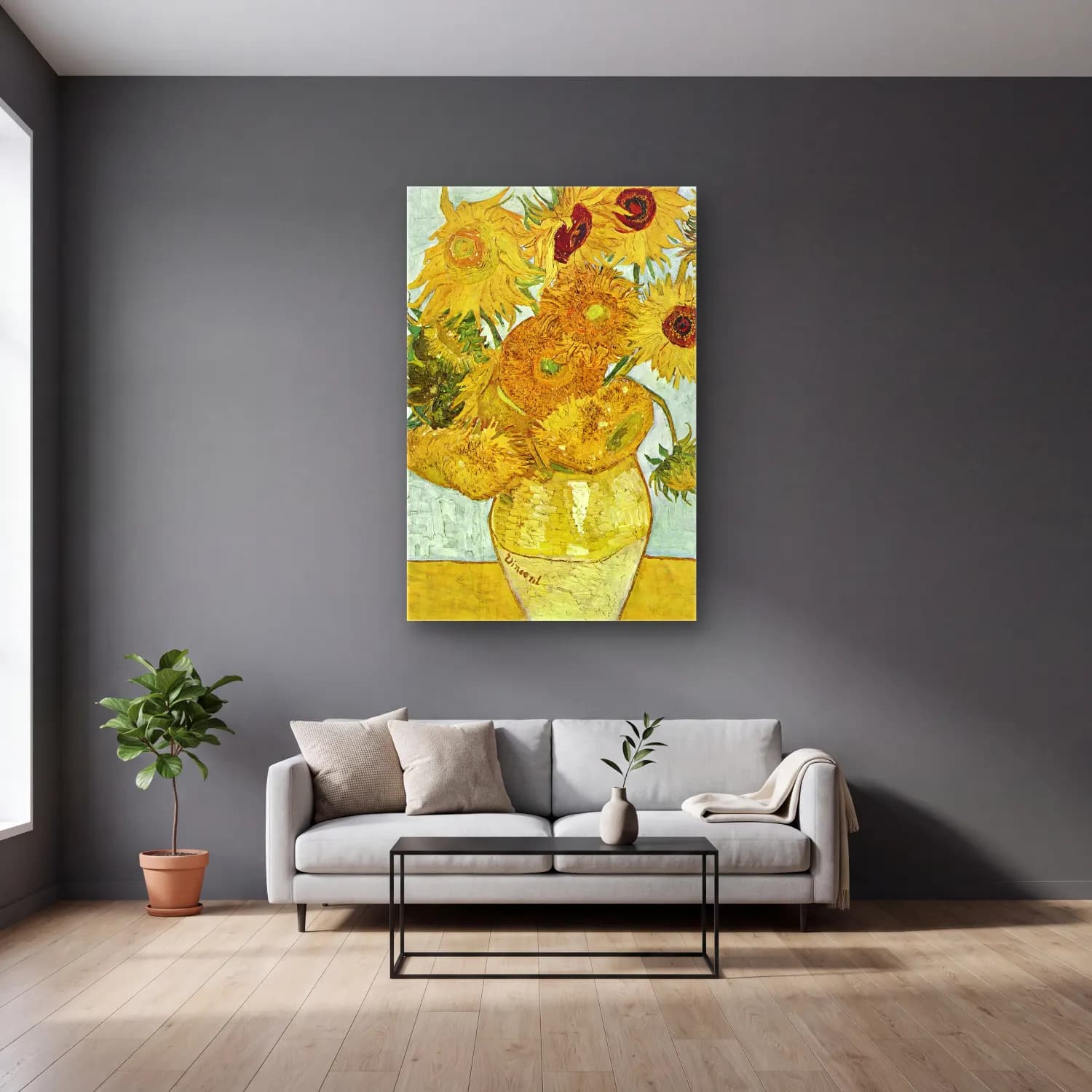 Vincent van Gogh – Vase with Twelve Sunflowers cam tablo — gri duvarlı salonda
