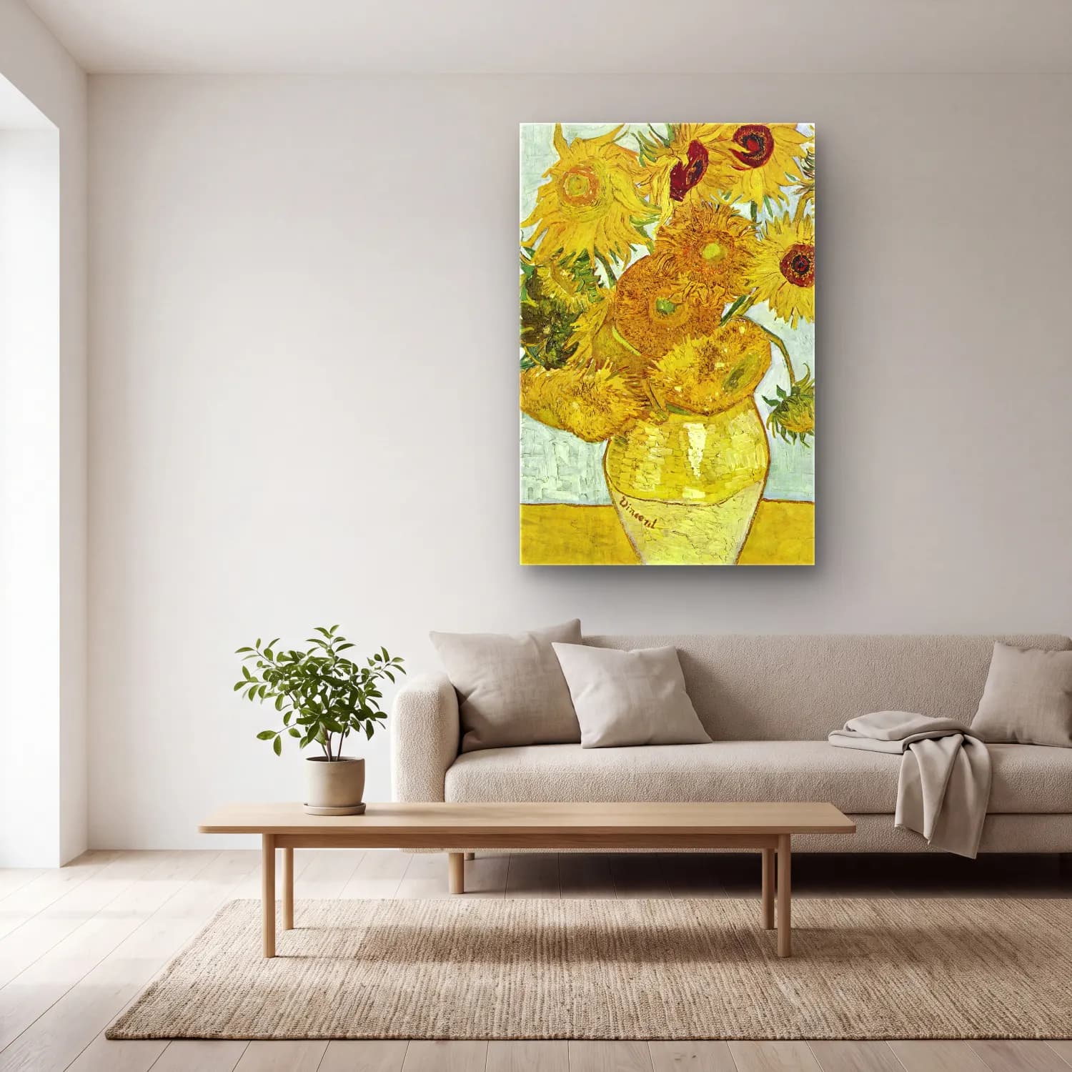 Vincent van Gogh – Vase with Twelve Sunflowers cam tablo — açık renk salonda