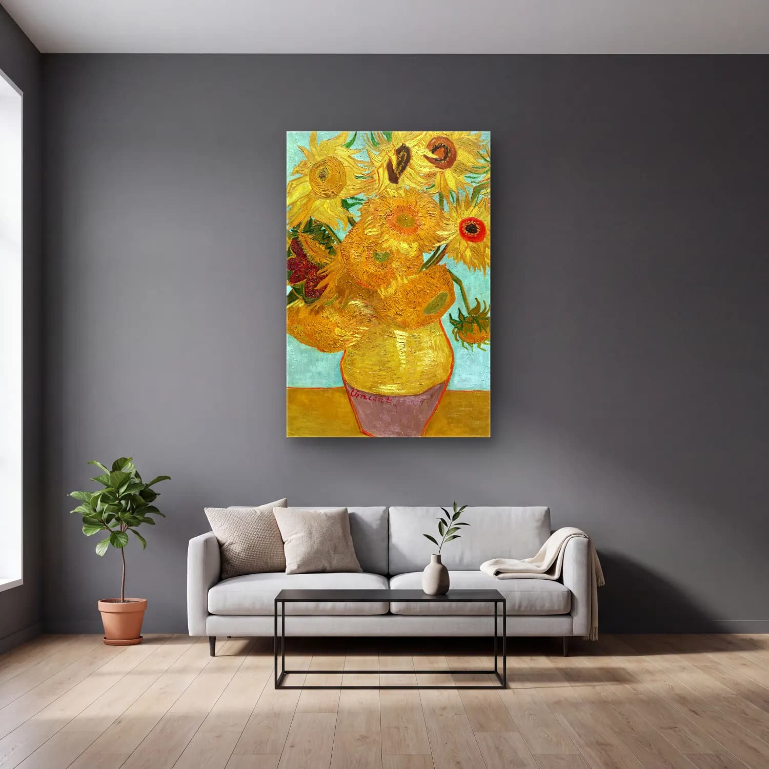 Vincent van Gogh – Vase with Twelve Sunflowers – Sarı Tonlar cam tablo — gri duvarlı salonda