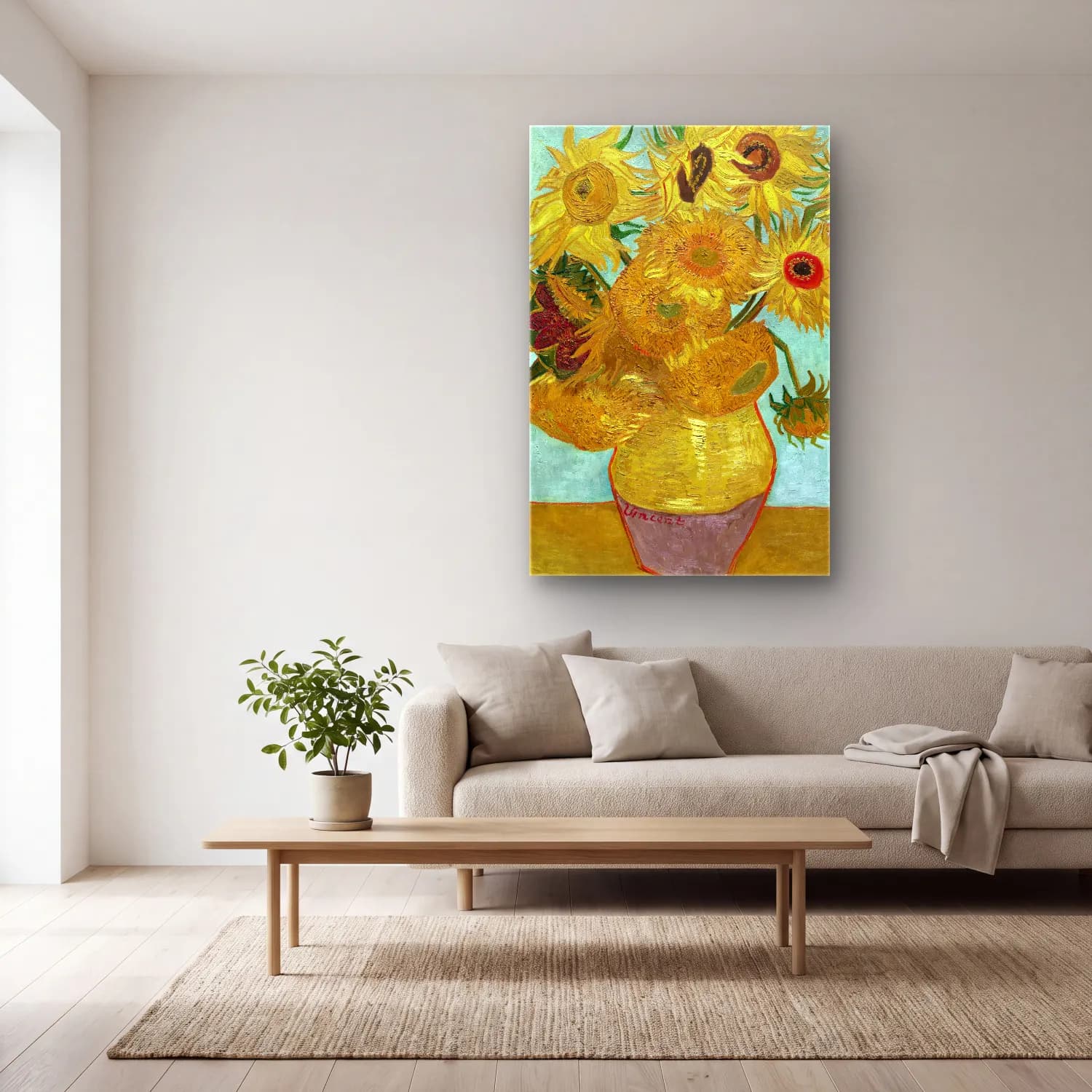 Vincent van Gogh – Vase with Twelve Sunflowers – Sarı Tonlar cam tablo — açık renk salonda