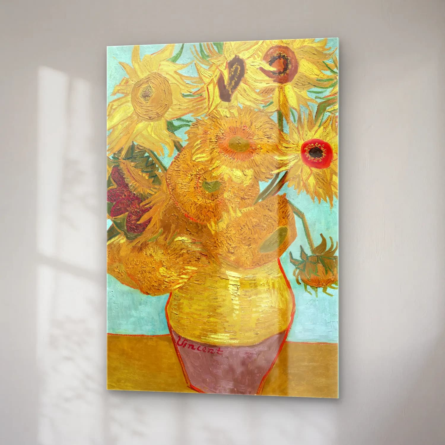 Vincent van Gogh – Vase with Twelve Sunflowers – Sarı Tonlar cam tablo — sağ açıdan görünüm