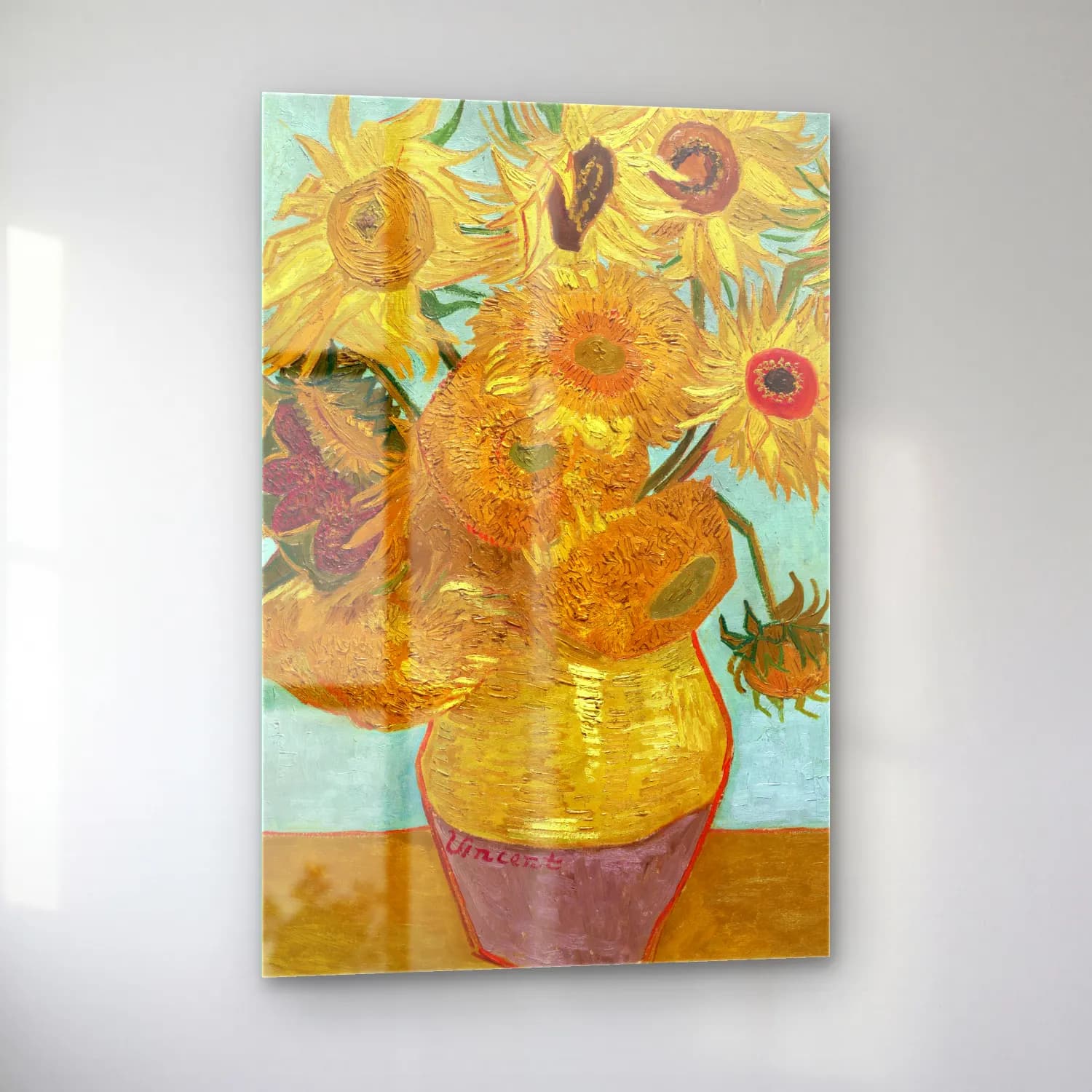 Vincent van Gogh – Vase with Twelve Sunflowers – Sarı Tonlar cam tablo — sol açıdan görünüm