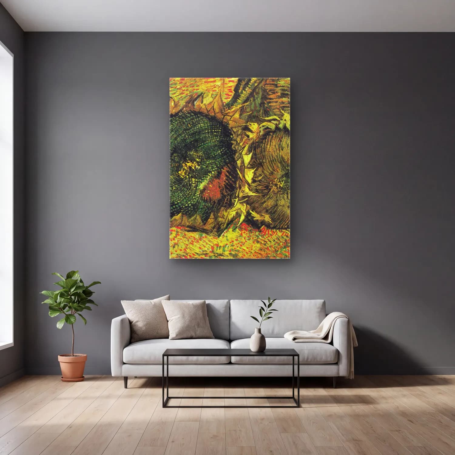 Vincent van Gogh – wo Cut Sunflowers cam tablo — gri duvarlı salonda