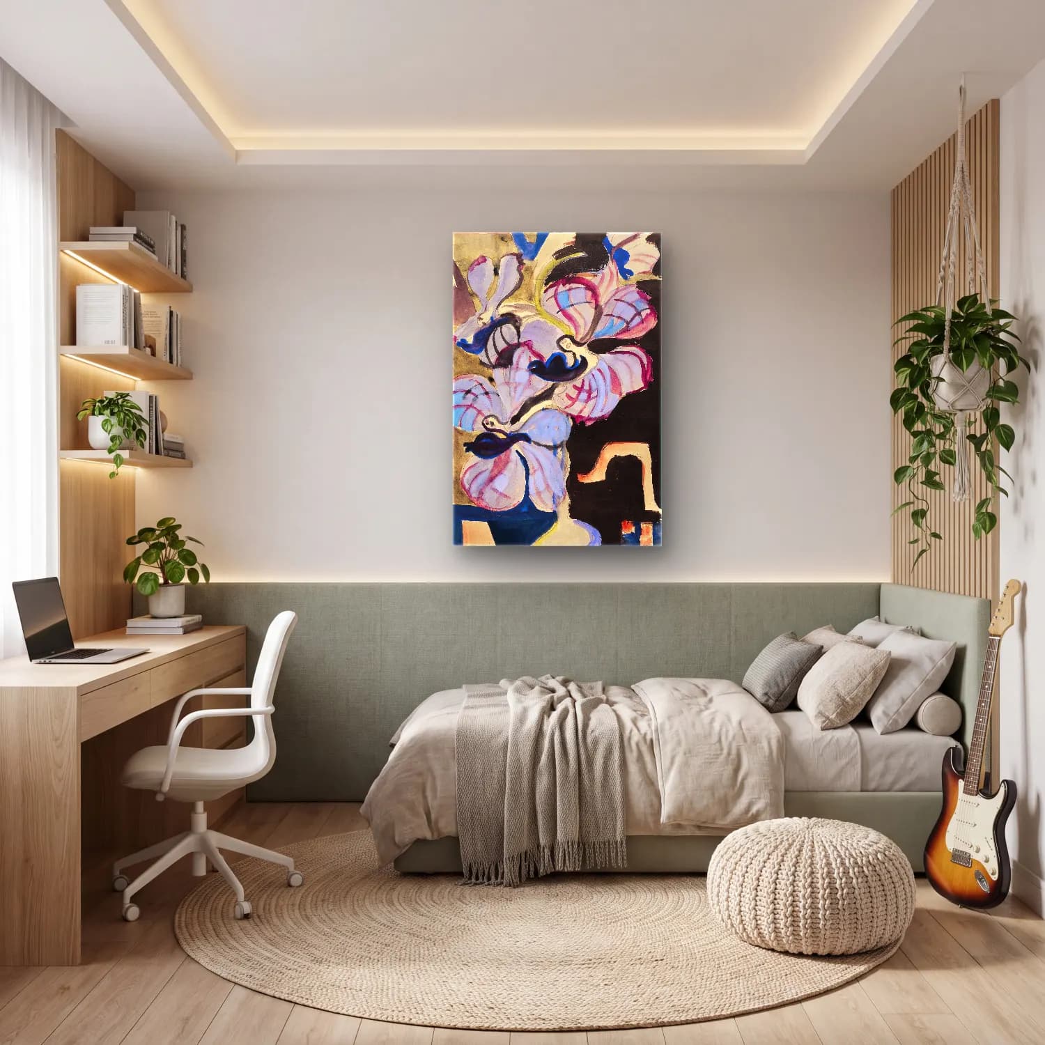 Ernst Ludwig Kirchner – Stillleben mit Orchideen (Tanzende Traumwesen) – Mavi Tonlar cam tablo — genç odasında