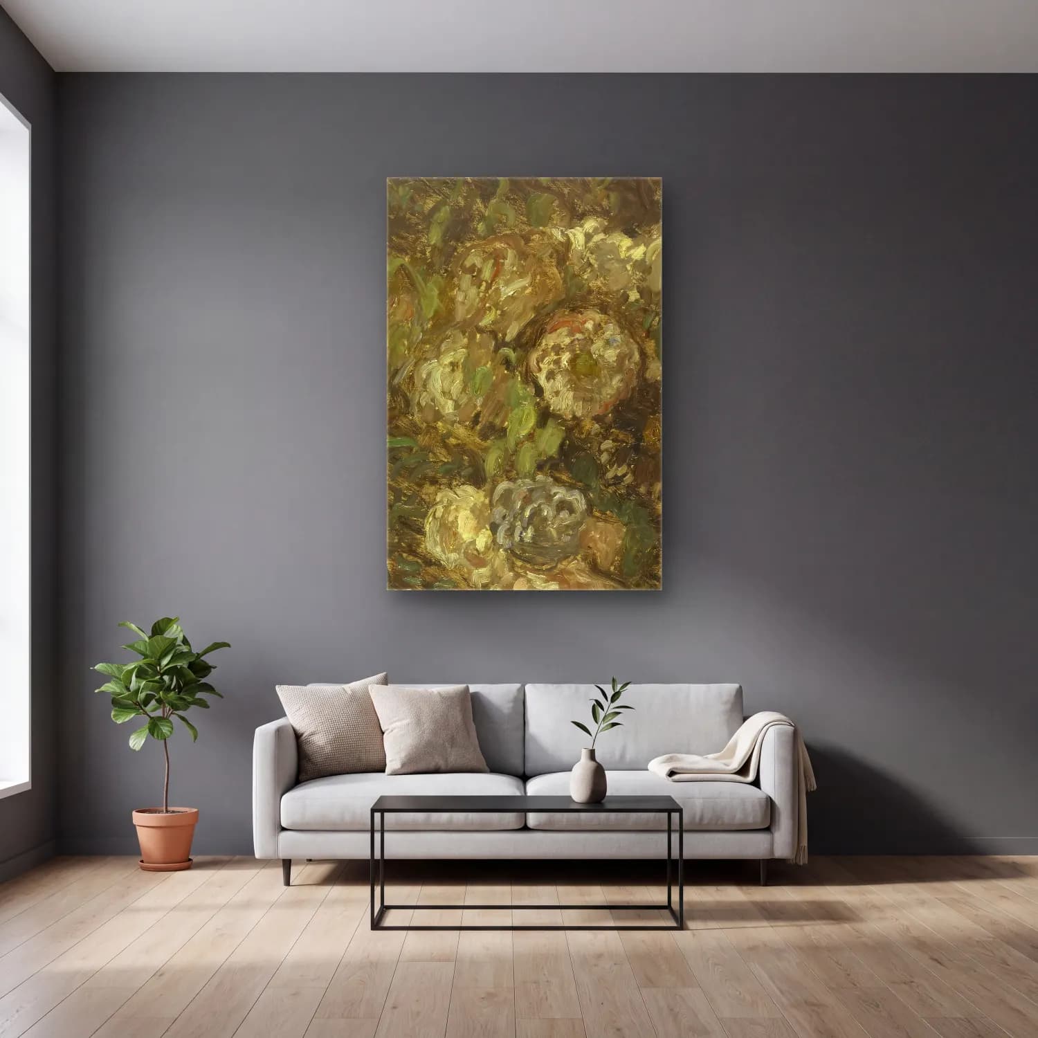Claude Monet – Bloemen cam tablo — gri duvarlı salonda