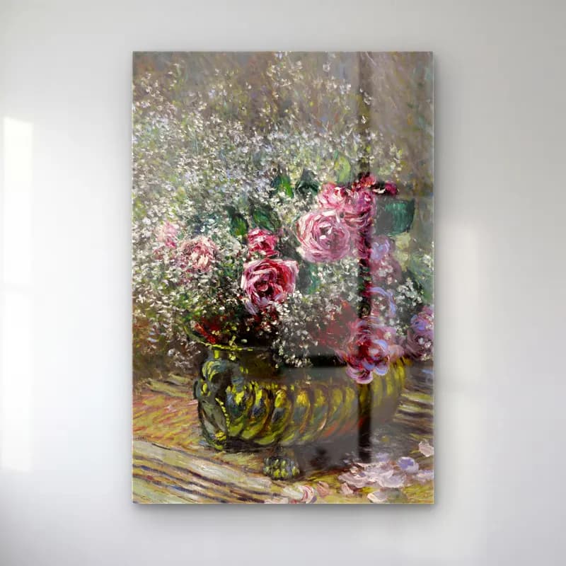Claude Monet – Fleurs dans un pot (Roses et brouillard) cam tablo — Claude Monet – Fleurs dans un pot (Roses et brouillard) — empresyonist vazoda çiçek buketi