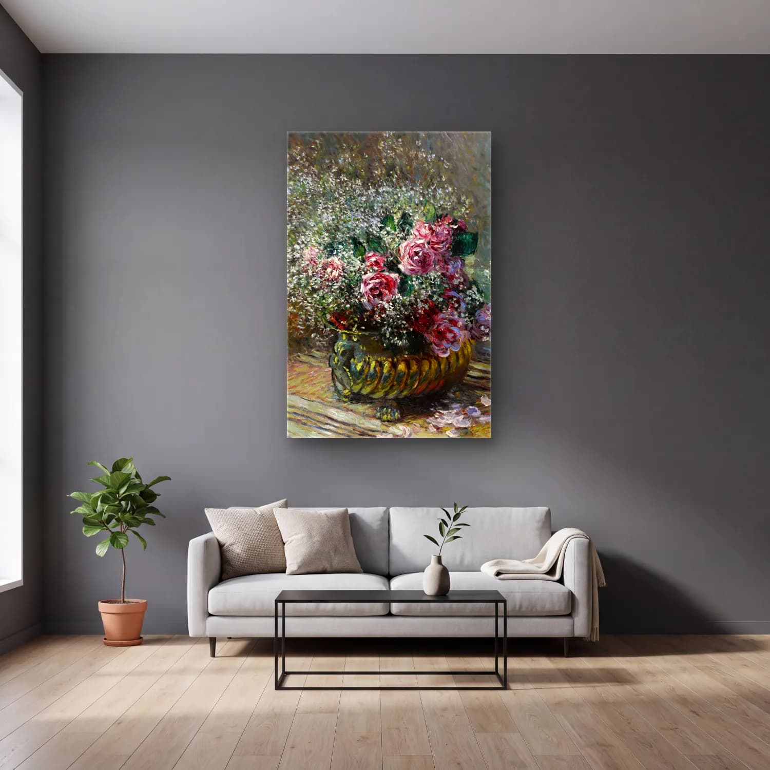 Claude Monet – Fleurs dans un pot (Roses et brouillard) cam tablo — gri duvarlı salonda