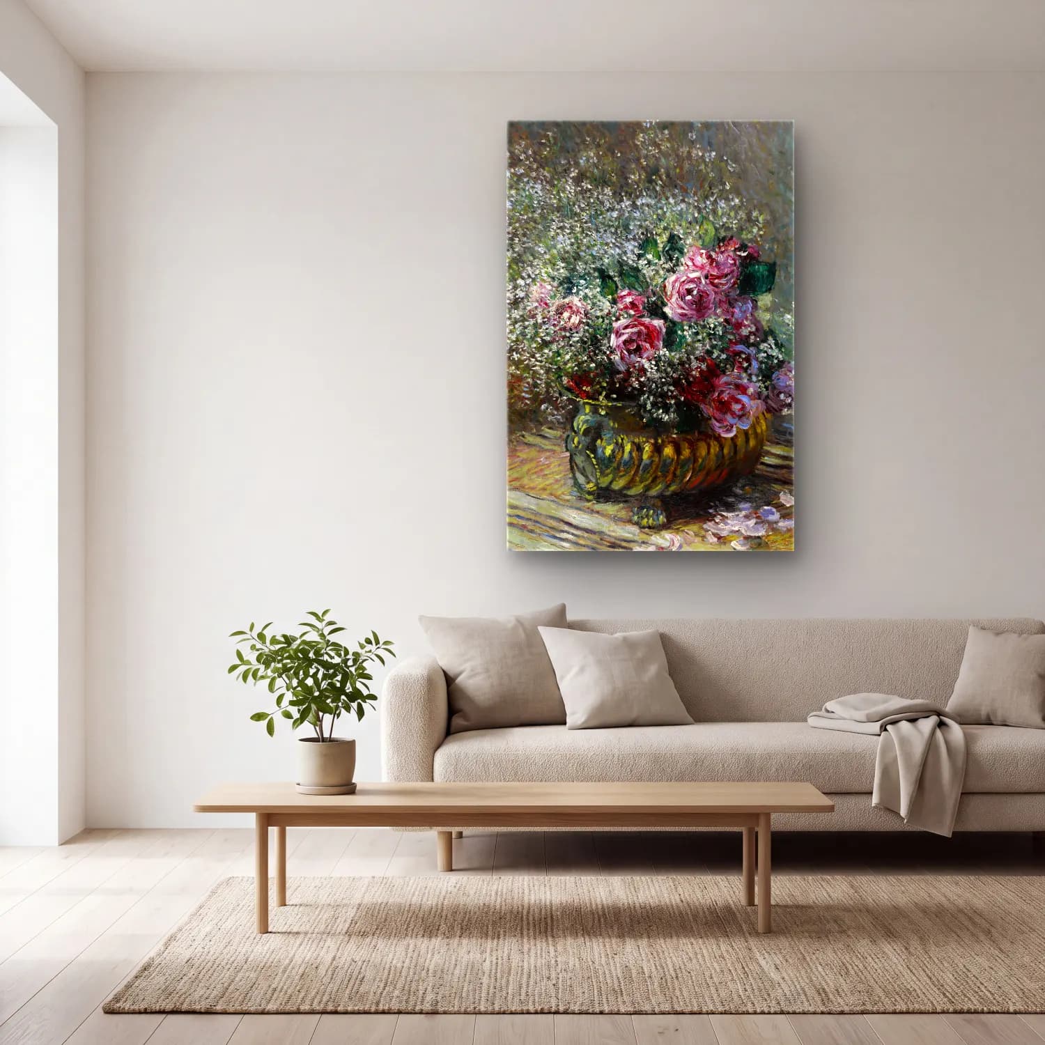 Claude Monet – Fleurs dans un pot (Roses et brouillard) cam tablo — açık renk salonda