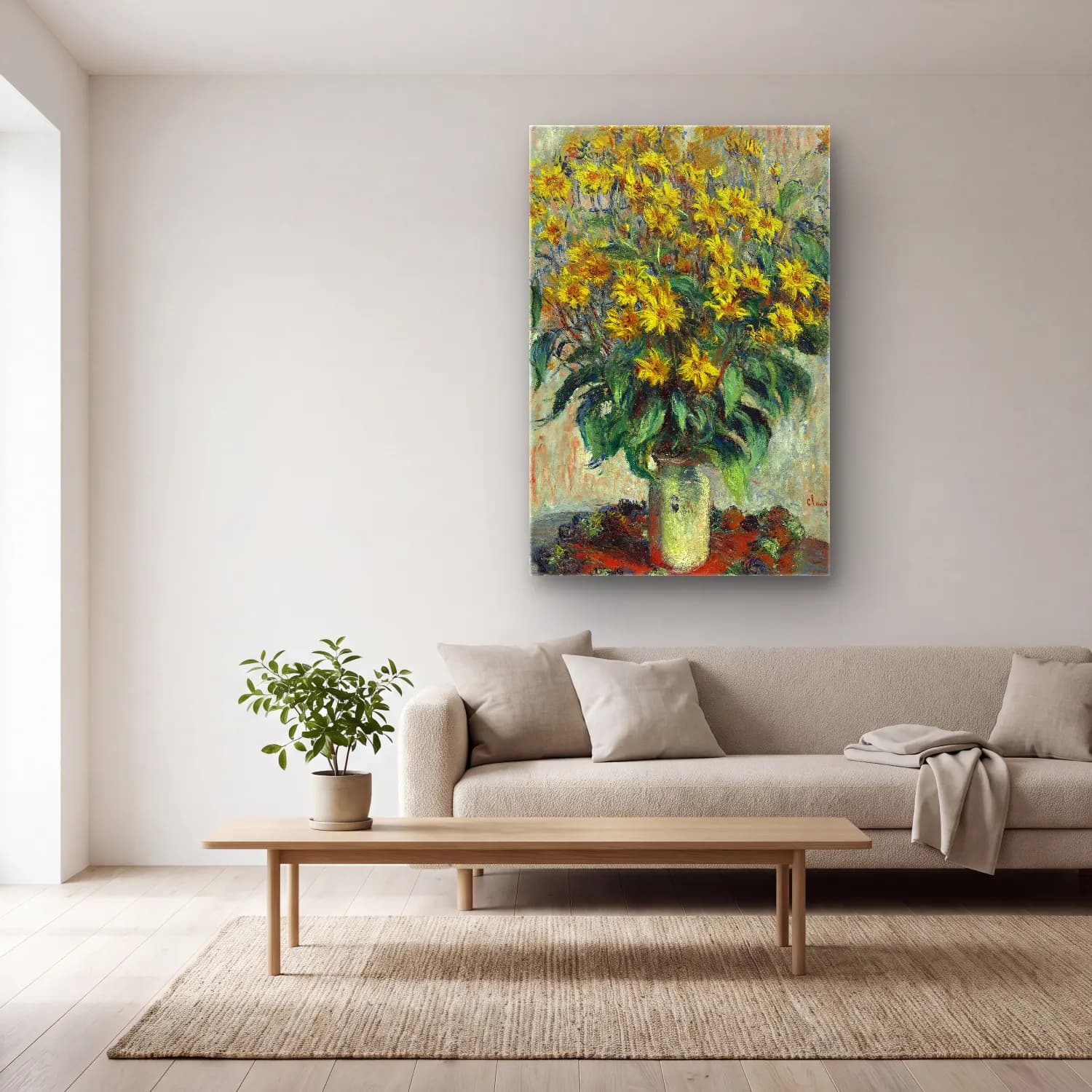 Claude Monet – Jerusalem Artichoke Flowers cam tablo — açık renk salonda