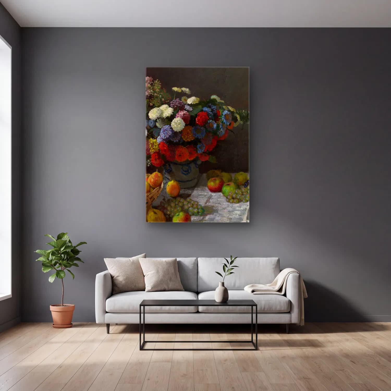 Claude Monet – Still Life with Flowers and Fruit cam tablo — gri duvarlı salonda