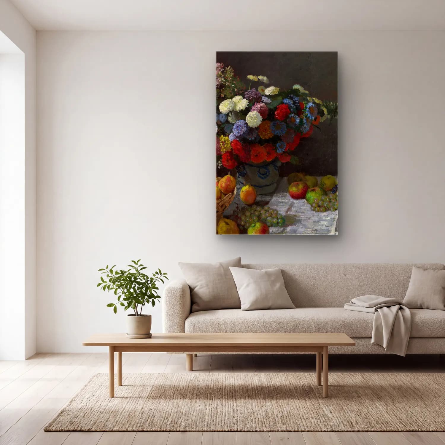 Claude Monet – Still Life with Flowers and Fruit cam tablo — açık renk salonda