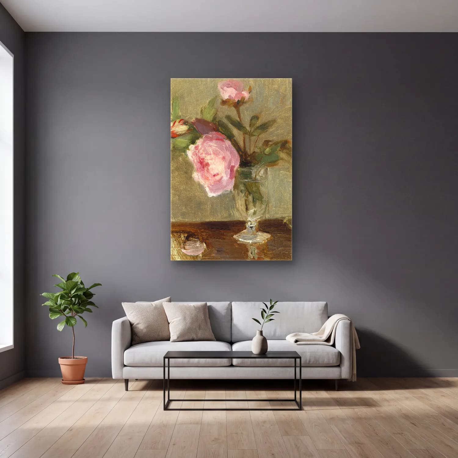Berthe Morisot – Peonies cam tablo — gri duvarlı salonda