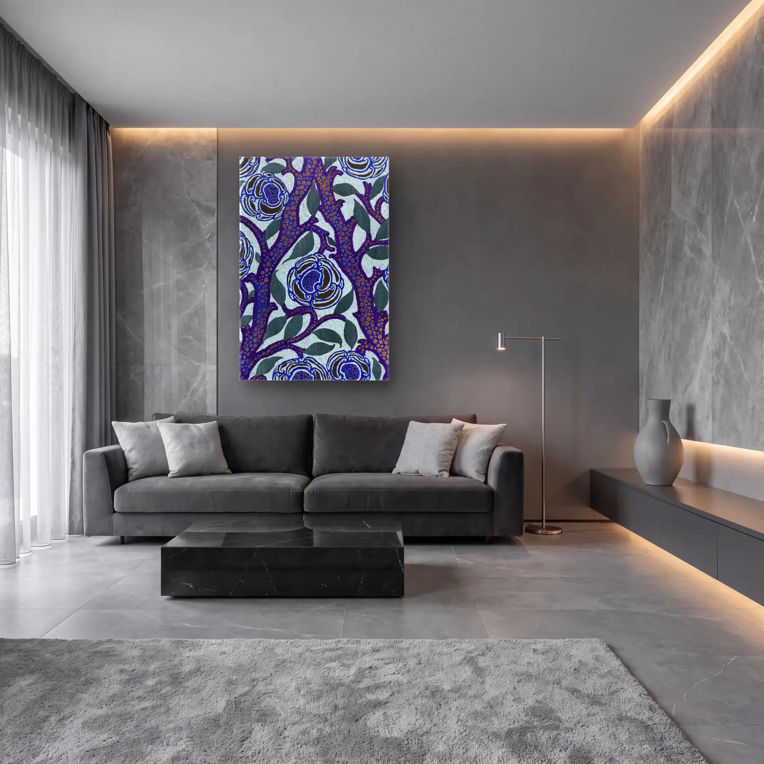 Maksimalist Çiçek Deseni No. 22 cam tablo — lüks salon duvarında