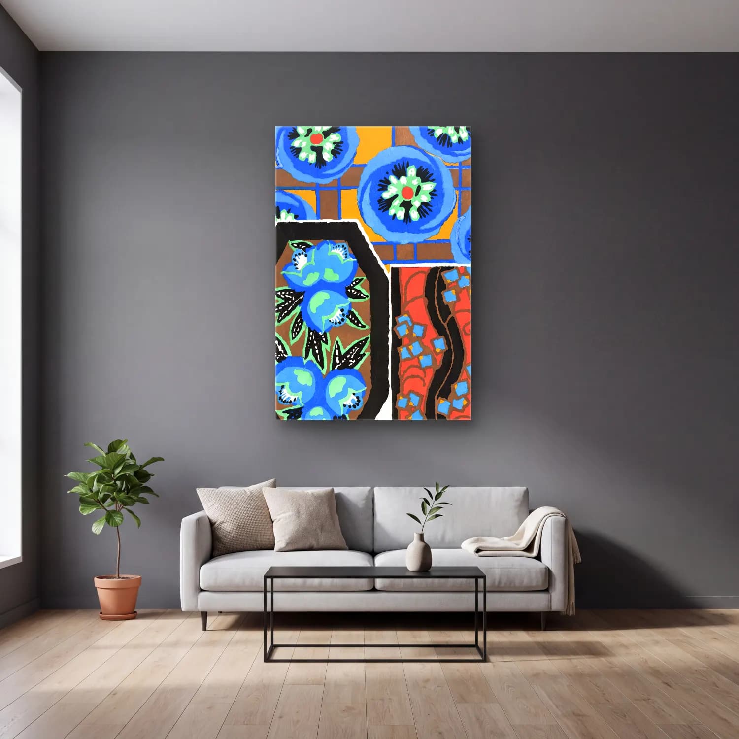 Maksimalist Çiçek Deseni No. 27 cam tablo — gri duvarlı salonda