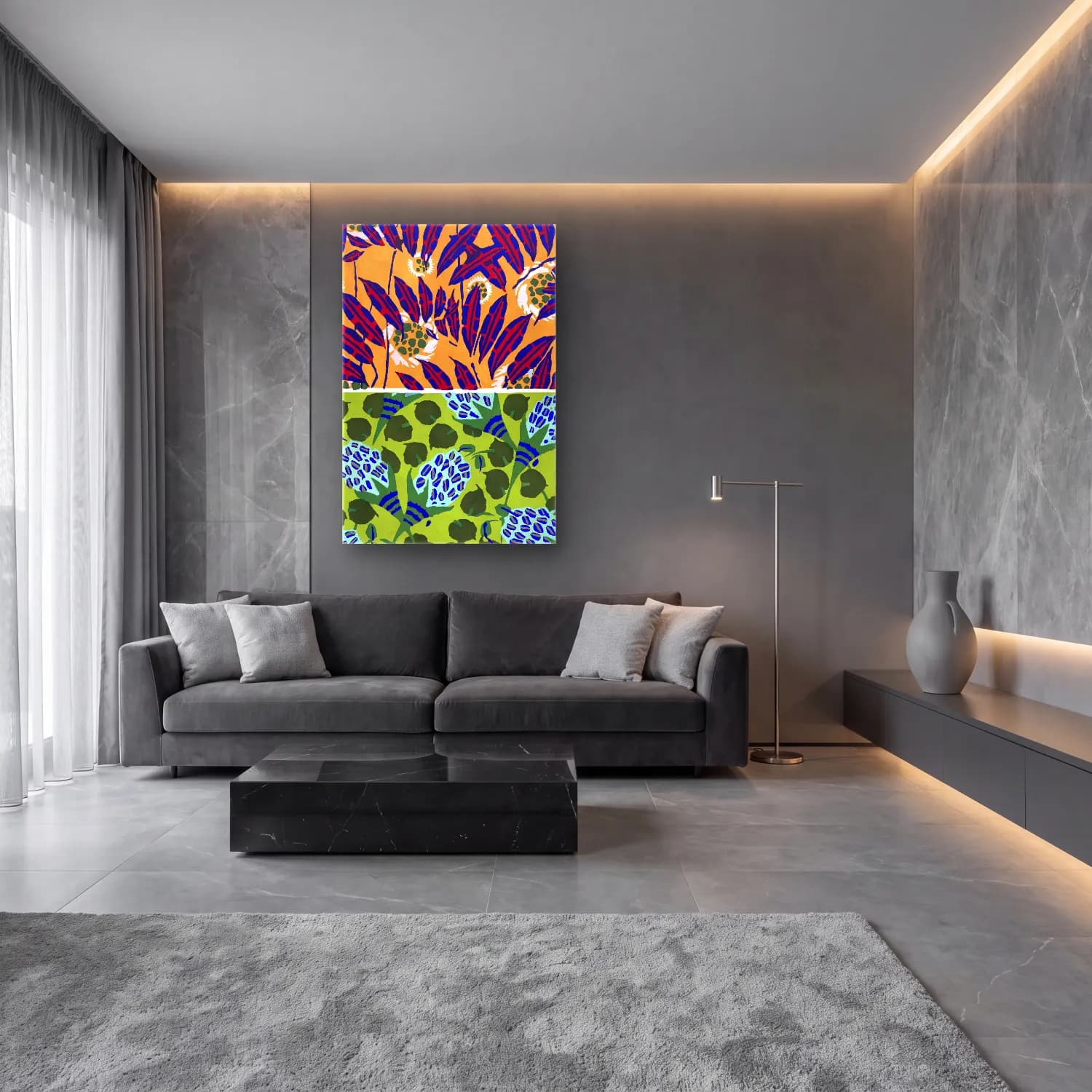Maksimalist Çiçek Deseni No. 29 cam tablo — lüks salon duvarında