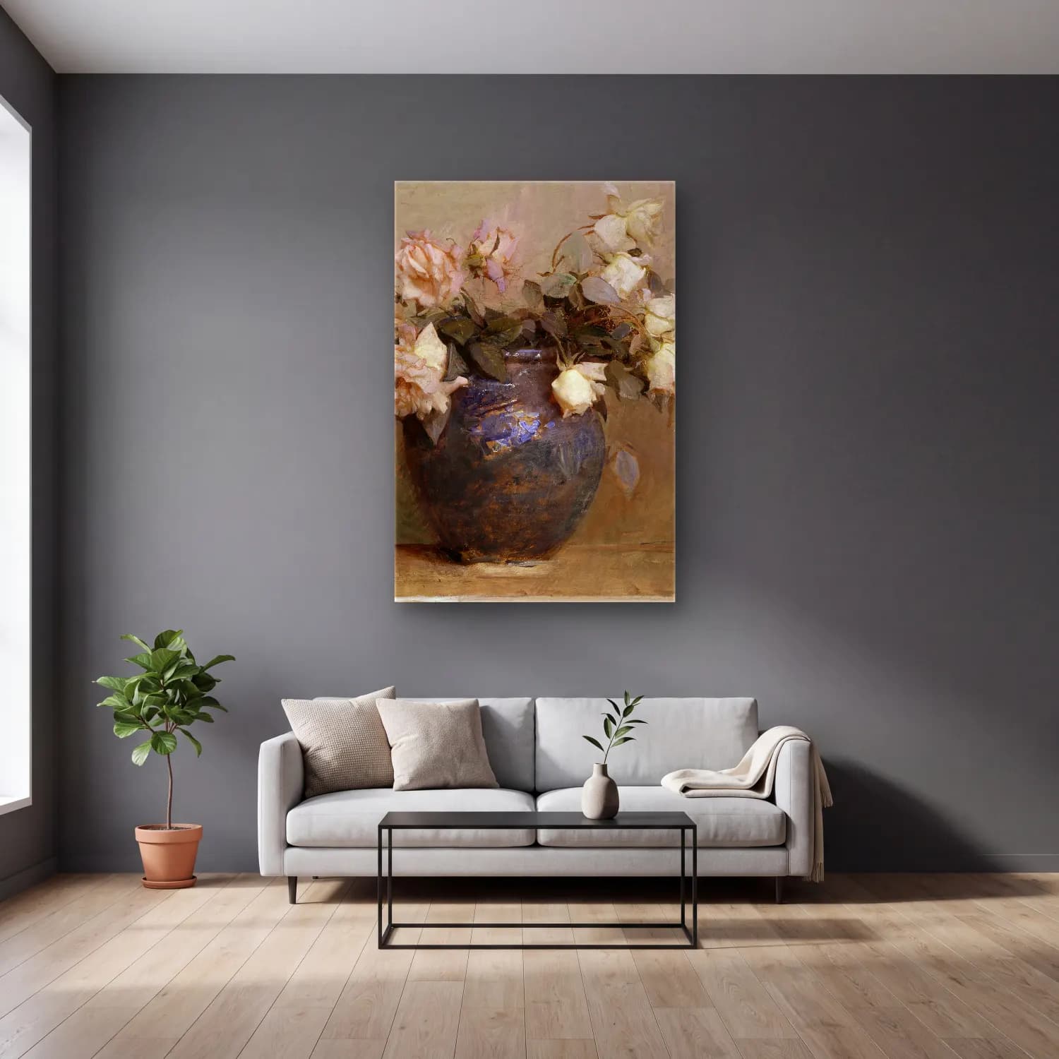Abbott Handerson Thayer – Roses cam tablo — gri duvarlı salonda
