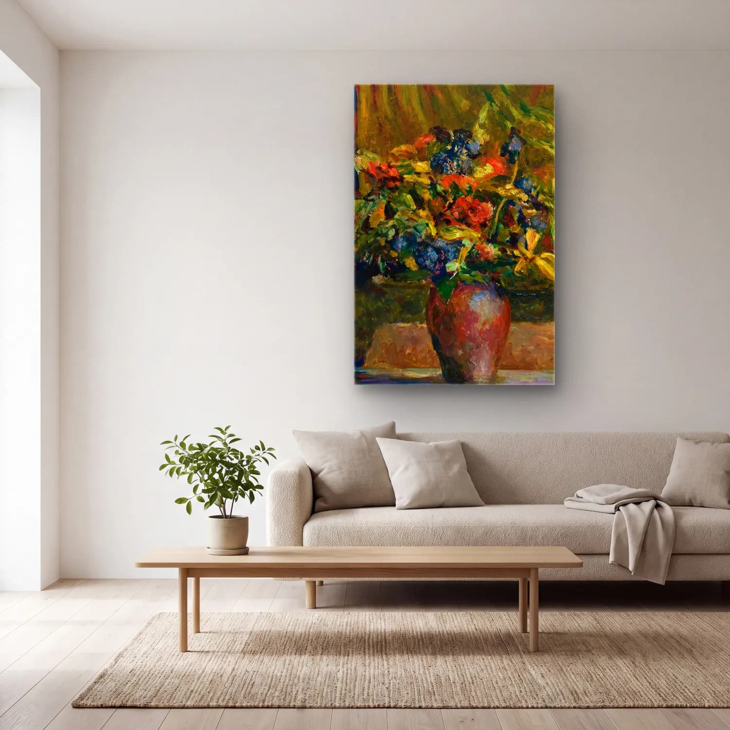Édouard Vuillard – Vazoda Çiçek Buketi – Mavi Tonlar cam tablo — açık renk salonda