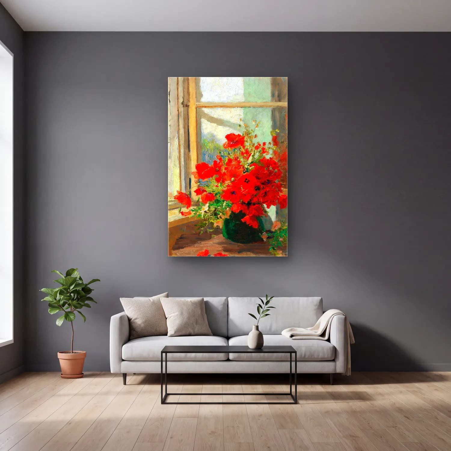 Olga Wisinger-Florian – A bouquet of poppies by the window cam tablo — gri duvarlı salonda
