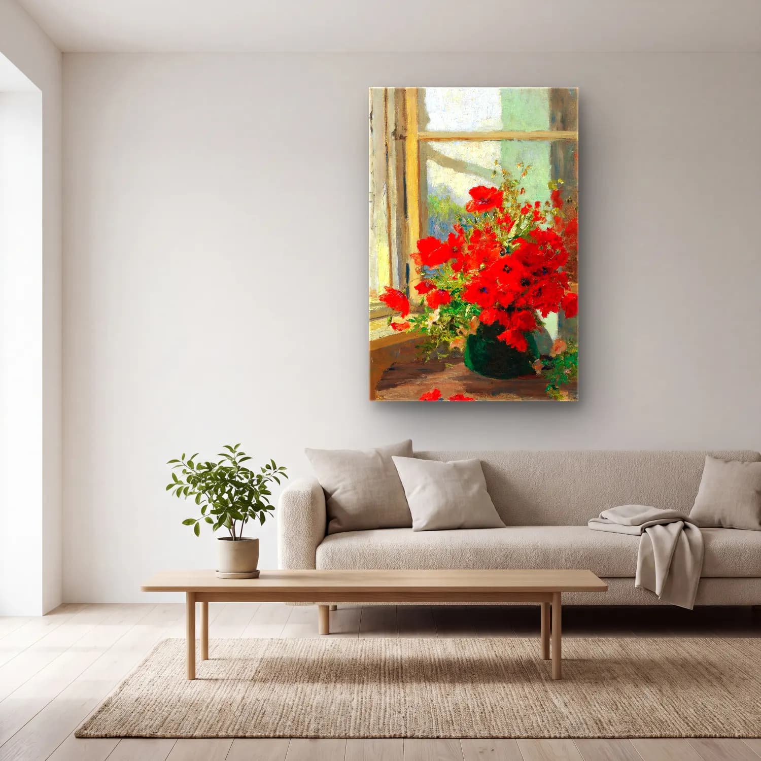 Olga Wisinger-Florian – A bouquet of poppies by the window cam tablo — açık renk salonda