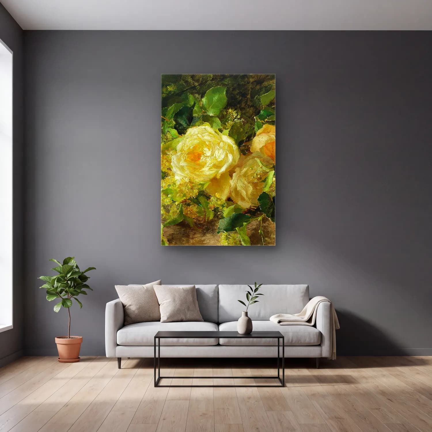 Olga Wisinger-Florian – A bouquet of roses cam tablo — gri duvarlı salonda
