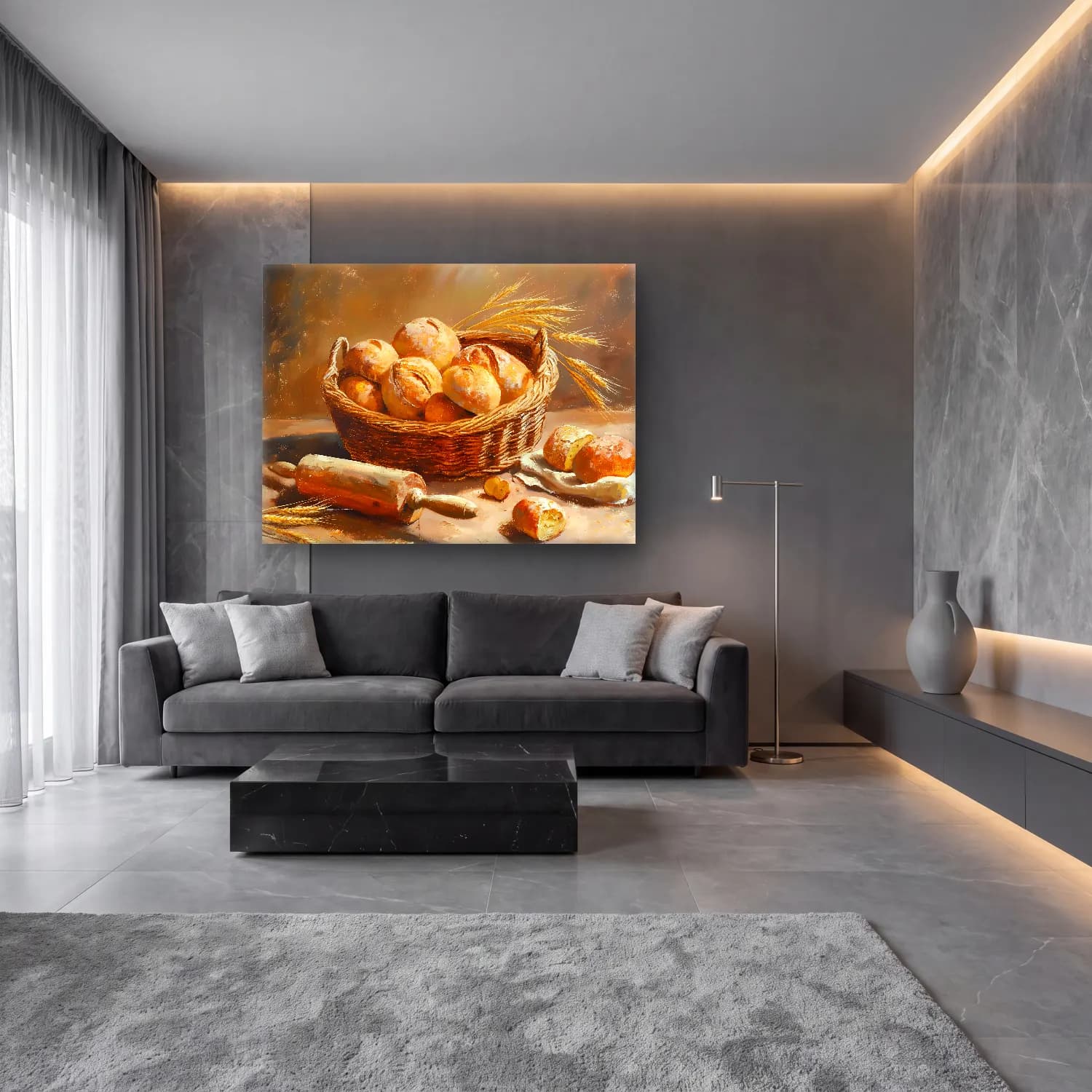 Yağlı Boya Ekmek ve Pastalar – Pastel Tonlar cam tablo — lüks salon duvarında