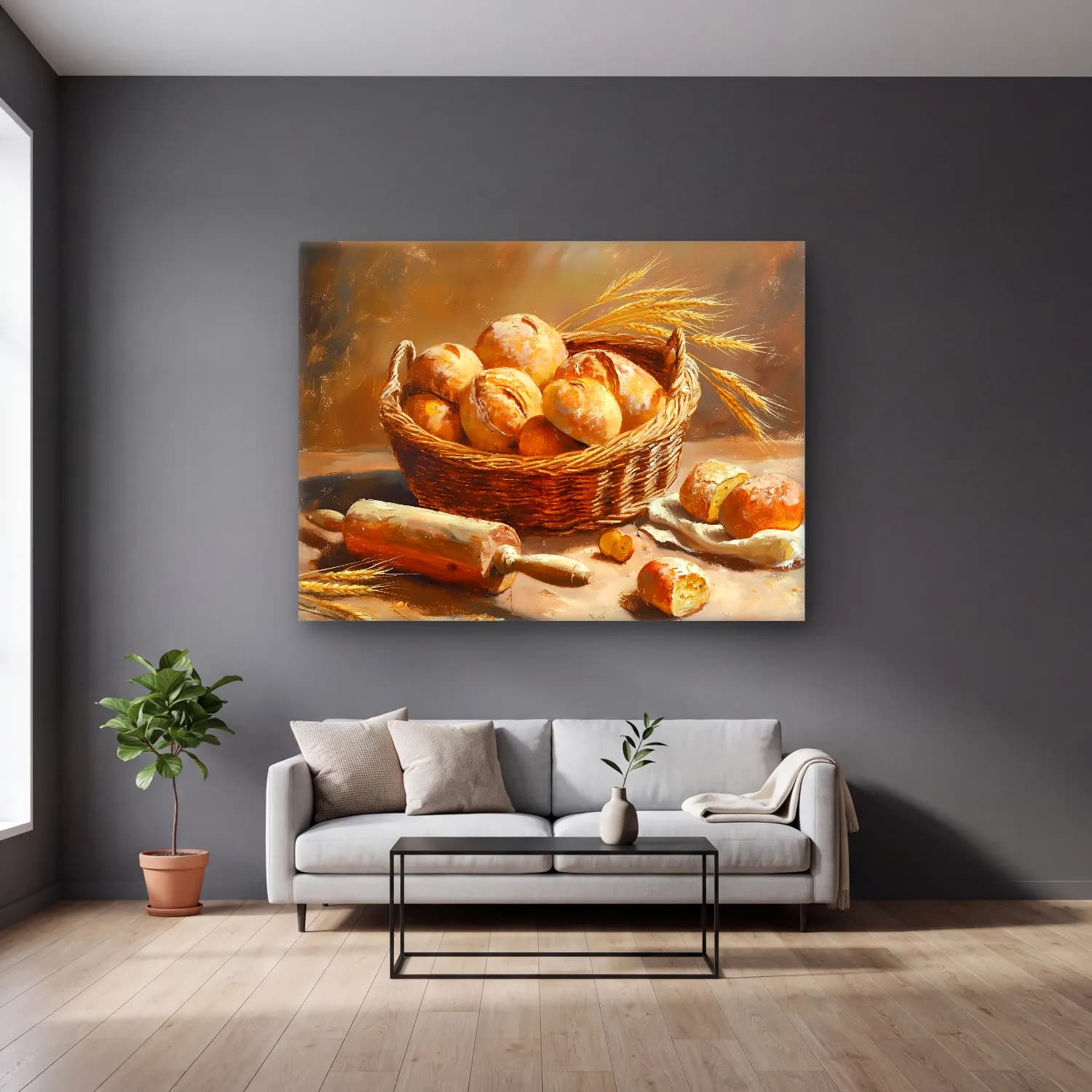 Yağlı Boya Ekmek ve Pastalar – Pastel Tonlar cam tablo — gri duvarlı salonda