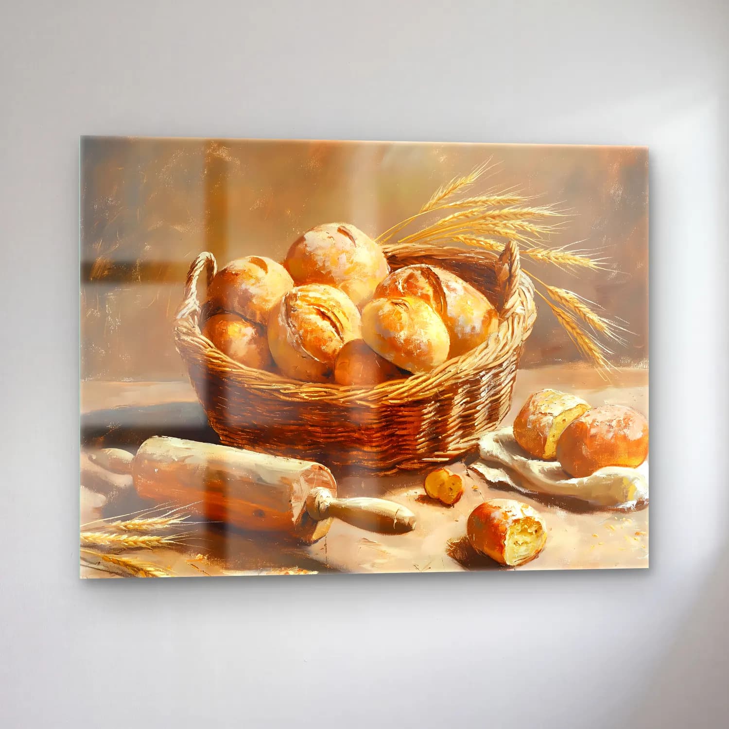 Yağlı Boya Ekmek ve Pastalar – Pastel Tonlar cam tablo — sol açıdan görünüm
