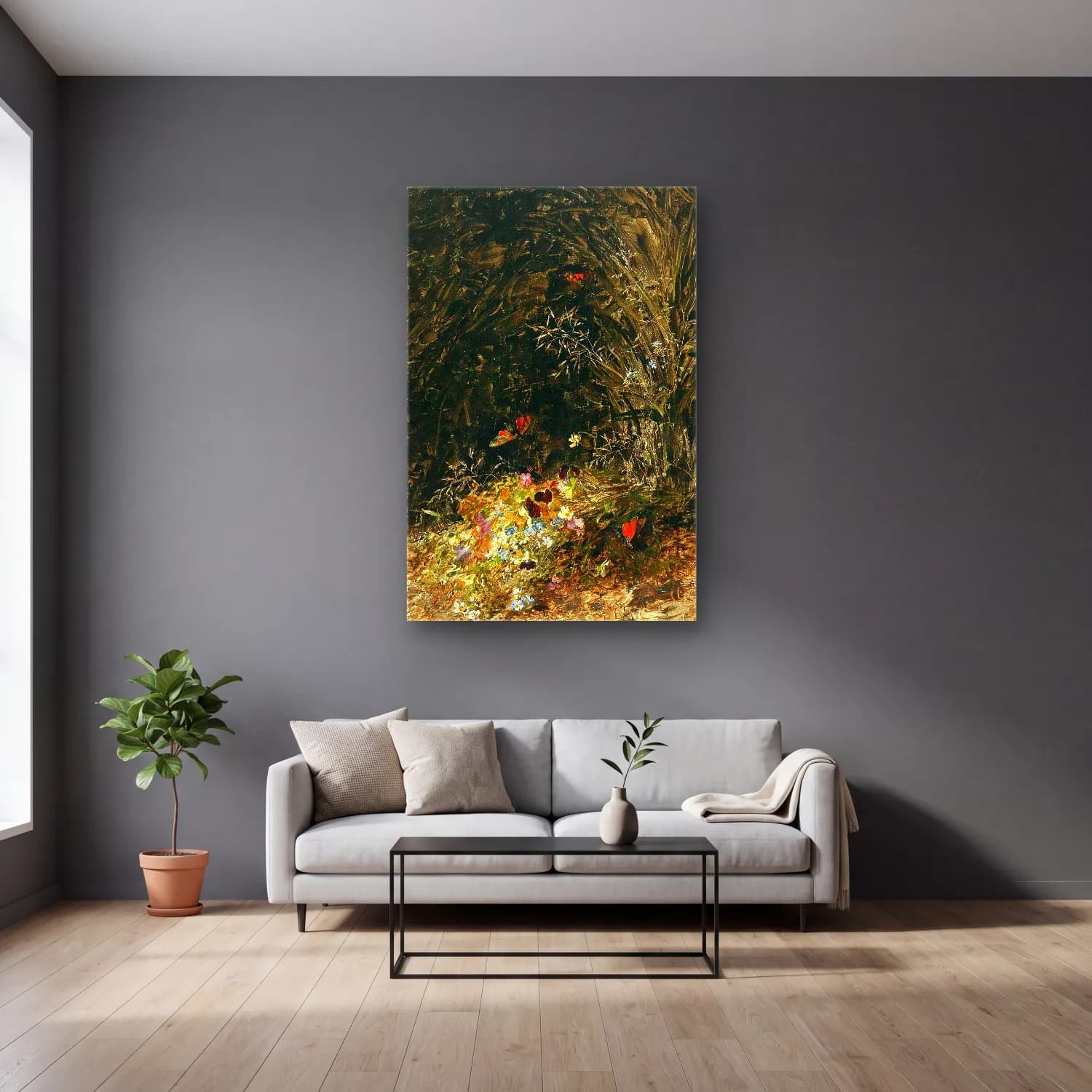 Olga Wisinger-Florian – A bouquet of wildflowers cam tablo — gri duvarlı salonda